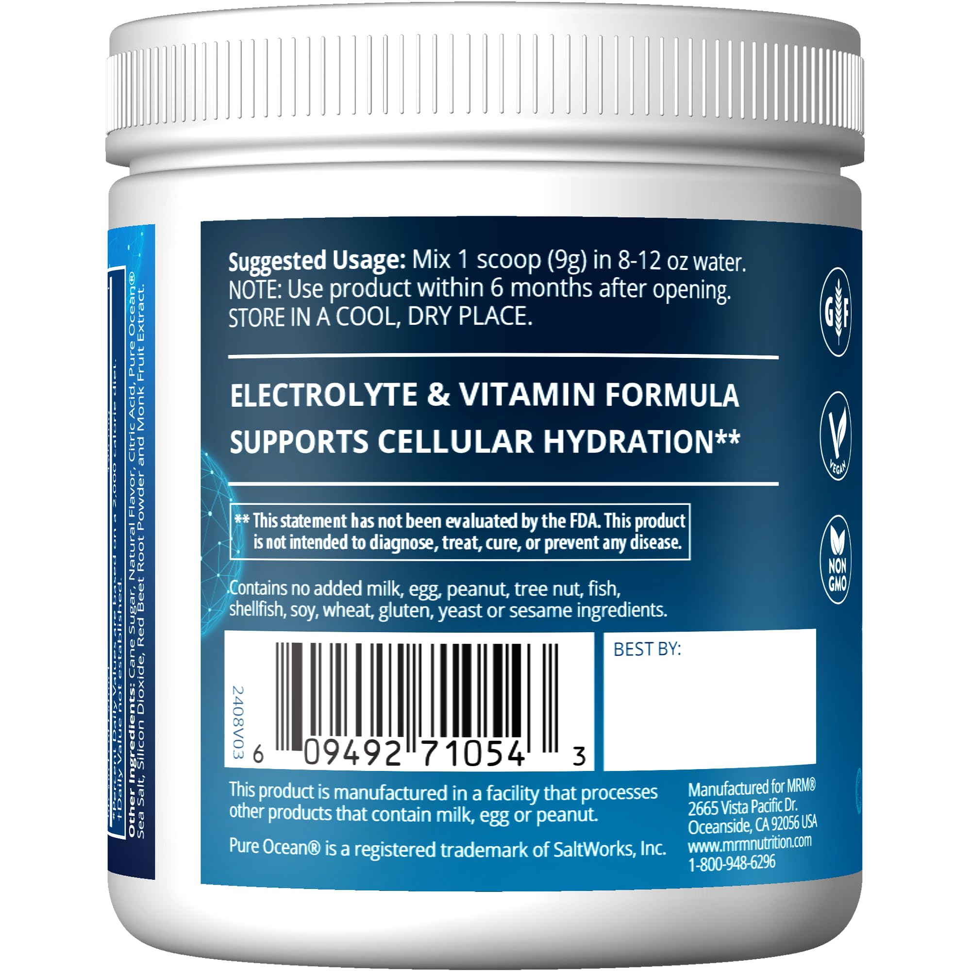 MRM Hydration+ etiqueta que destaca electrolitos y vitaminas para energía diaria.