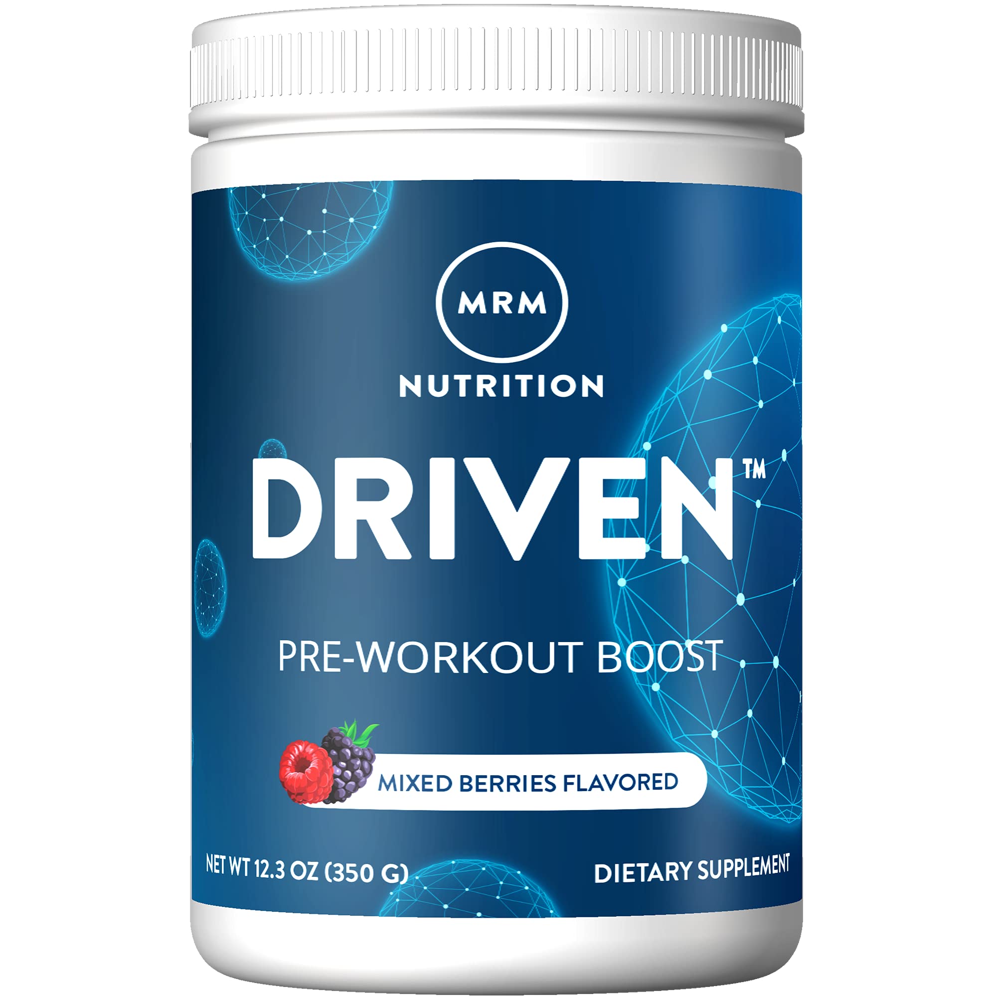MRM Nutrition Driven Pre-Workout lata frontal con sabor frambuesa para rendimiento