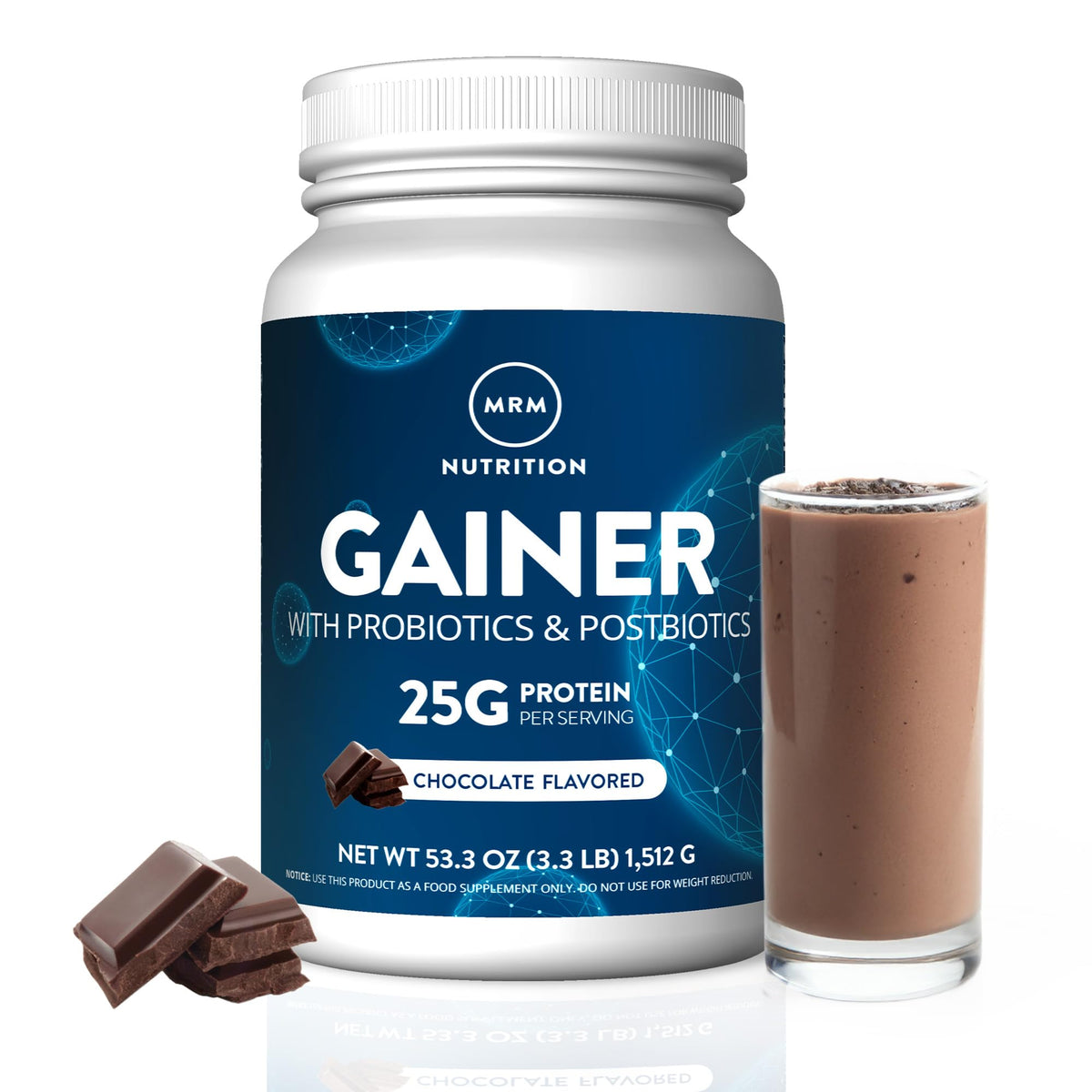 MRM Nutrition Gainer polvo chocolate para apoyar ganancia de masa muscular