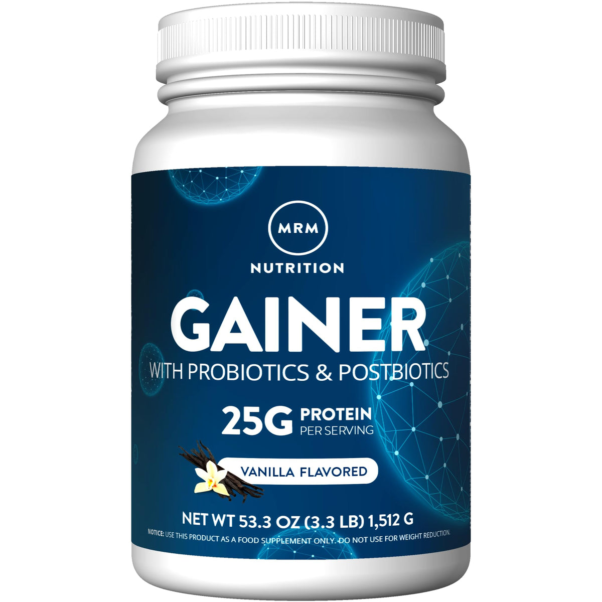 MRM Ganador proteico Probióticos Vainilla envase, ideal para ganancia muscular y conveniencia diaria.