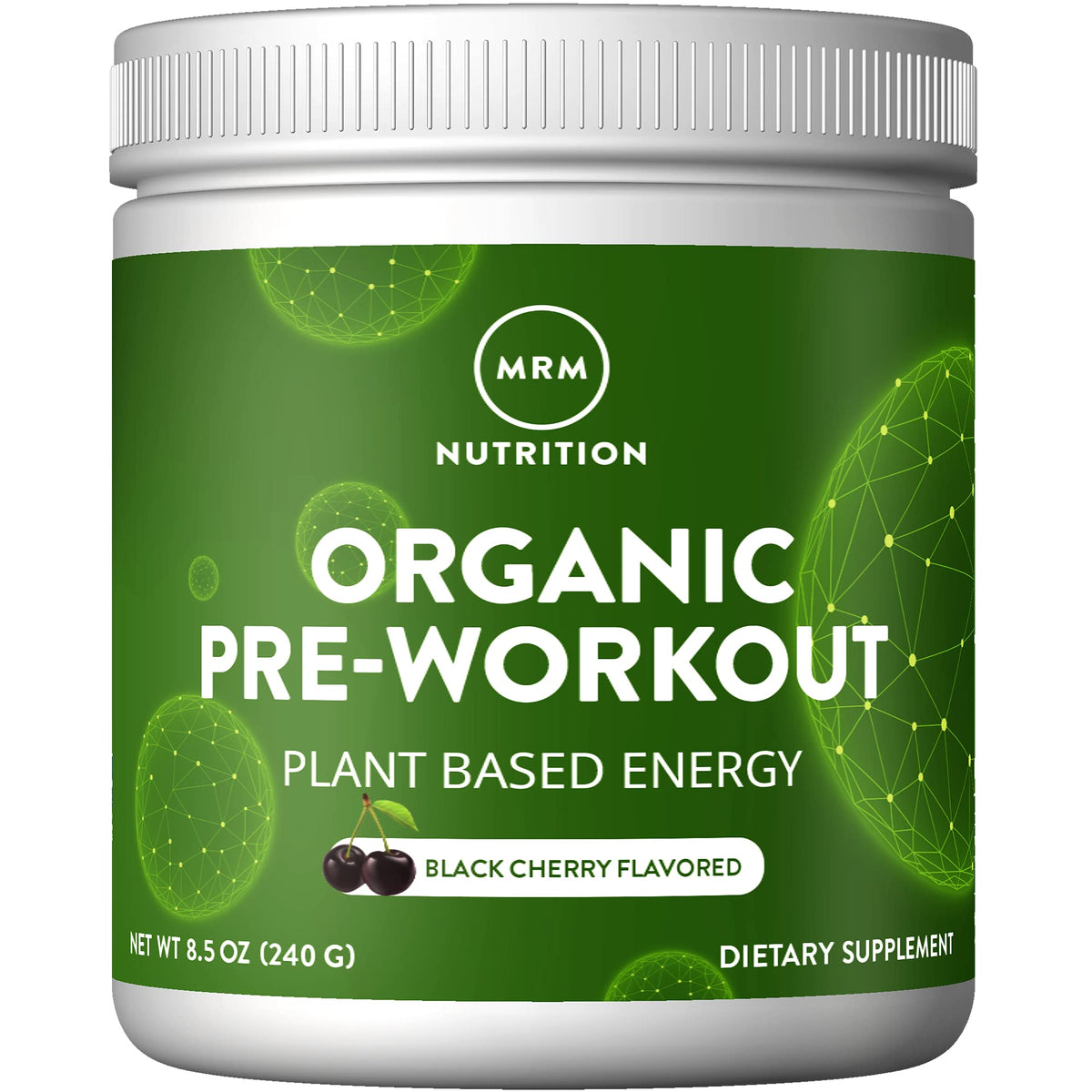 MRM Nutrition Pre-entrenamiento orgánico cereza negra, envase destacado para energía previa sesión.