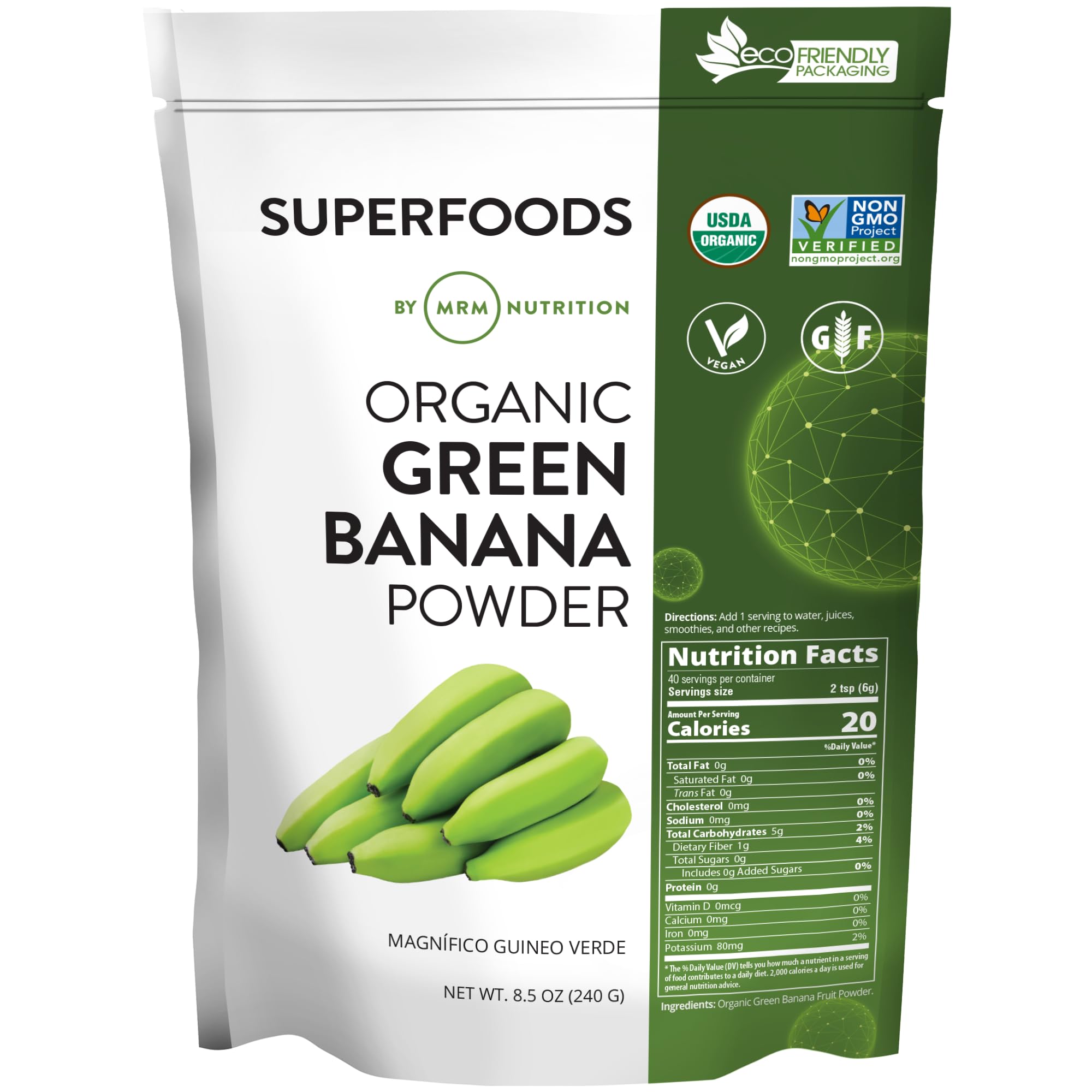 MRM polvo de plátano verde orgánico en envase, perfecto para batidos nutritivos