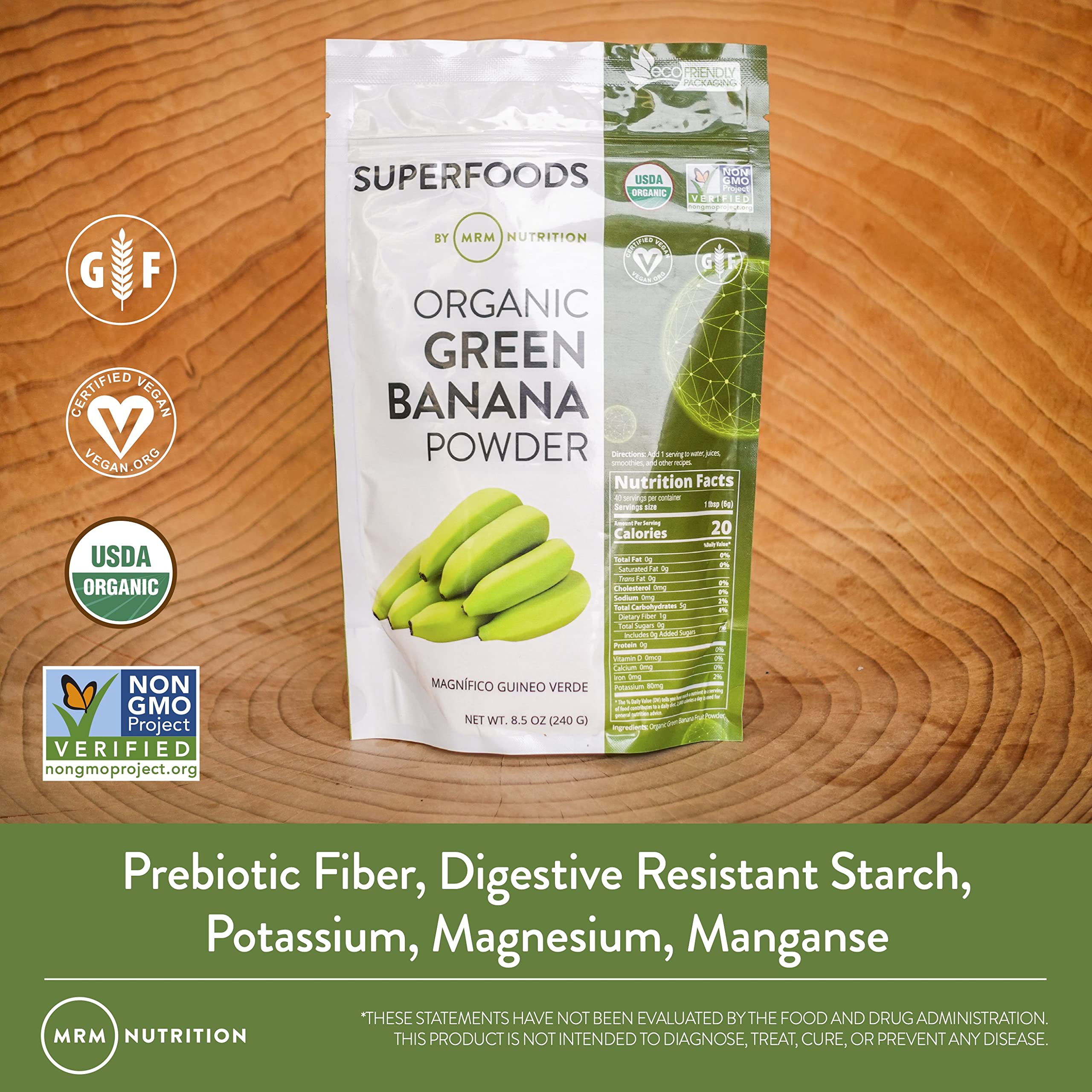 MRM polvo de plátano verde orgánico listo para mezclar en smoothie cremoso