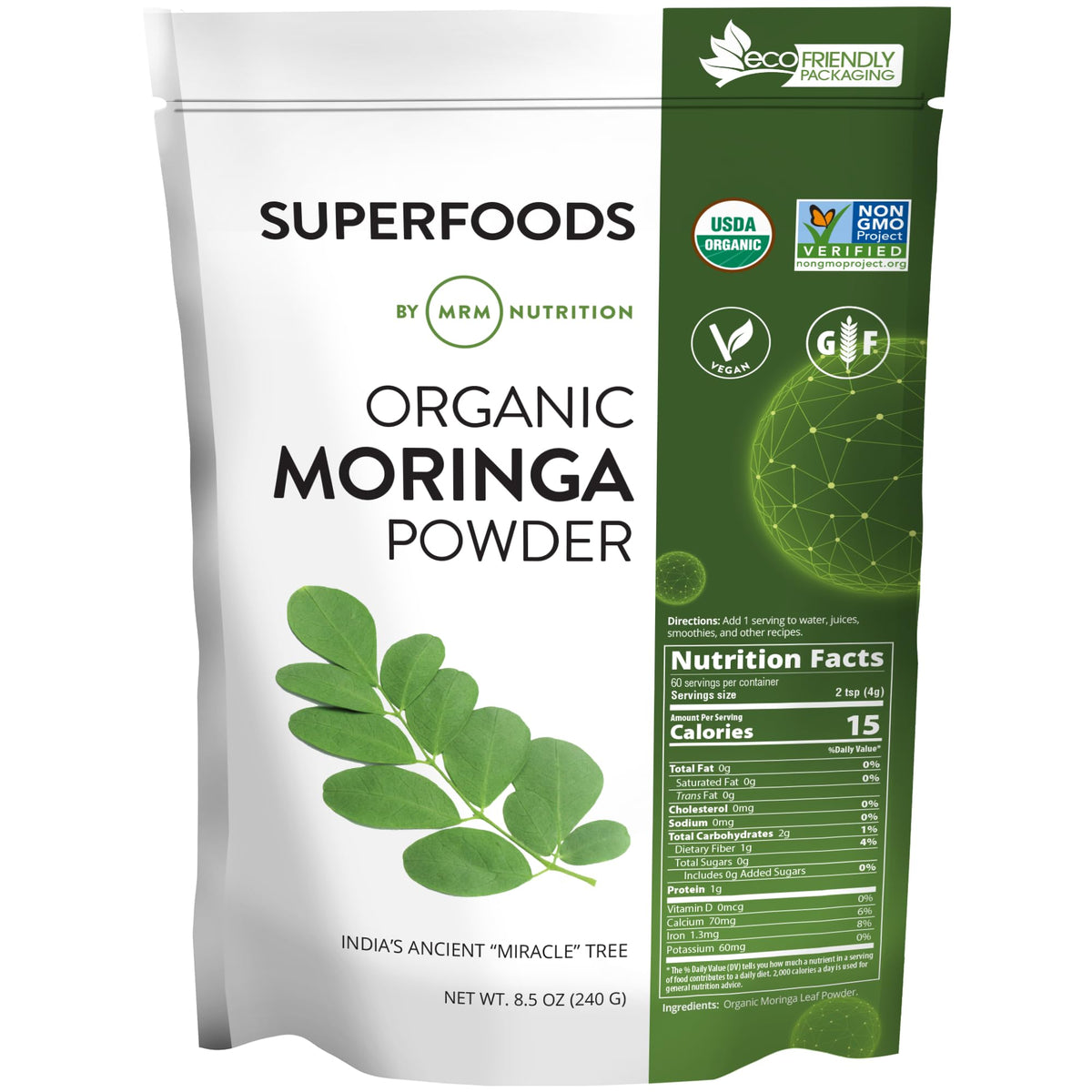 MRM Moringa Orgánica Polvo, hojas jóvenes para batidos nutritivos