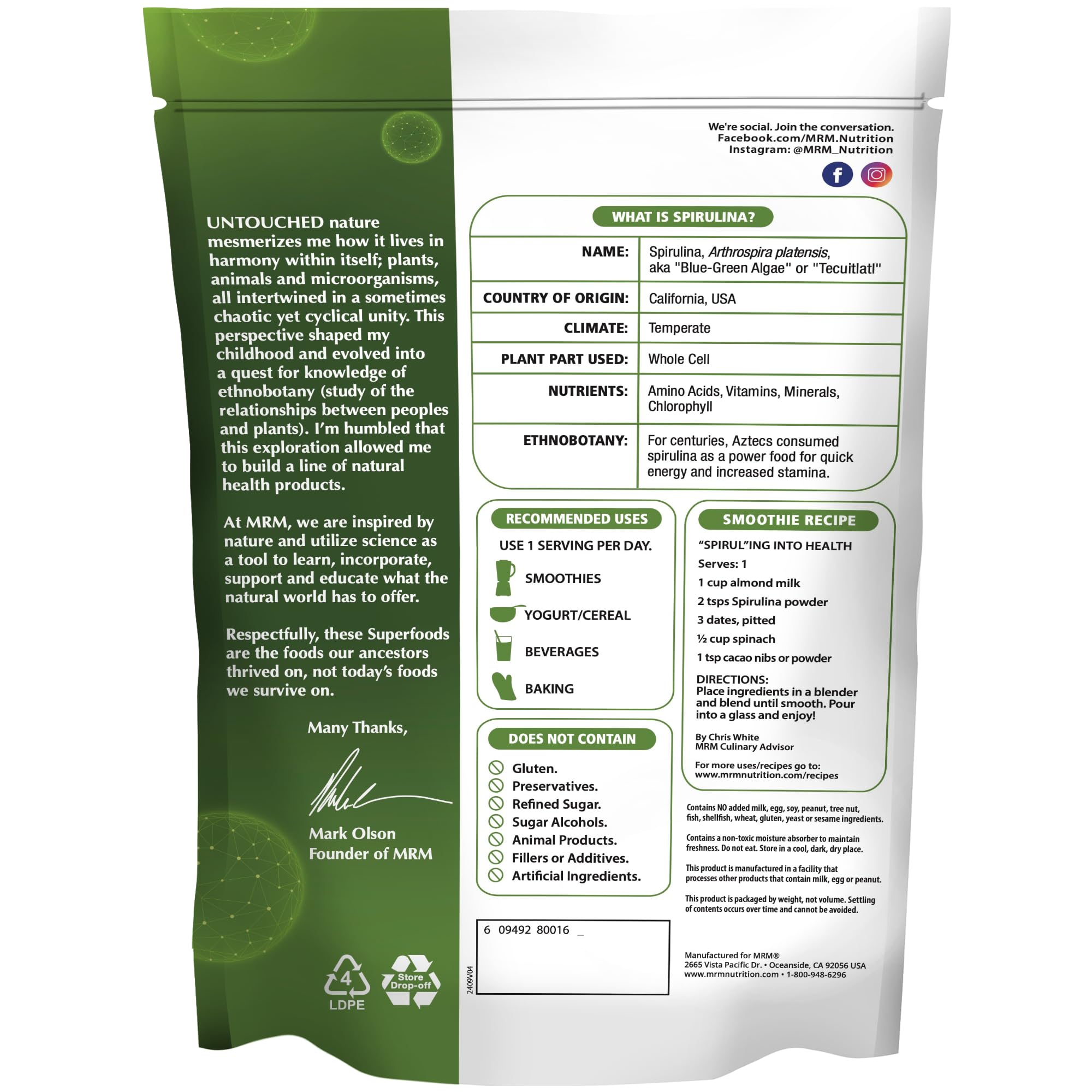 MRM Spirulina en bebida lista para añadir proteína vegetal y energía suave.