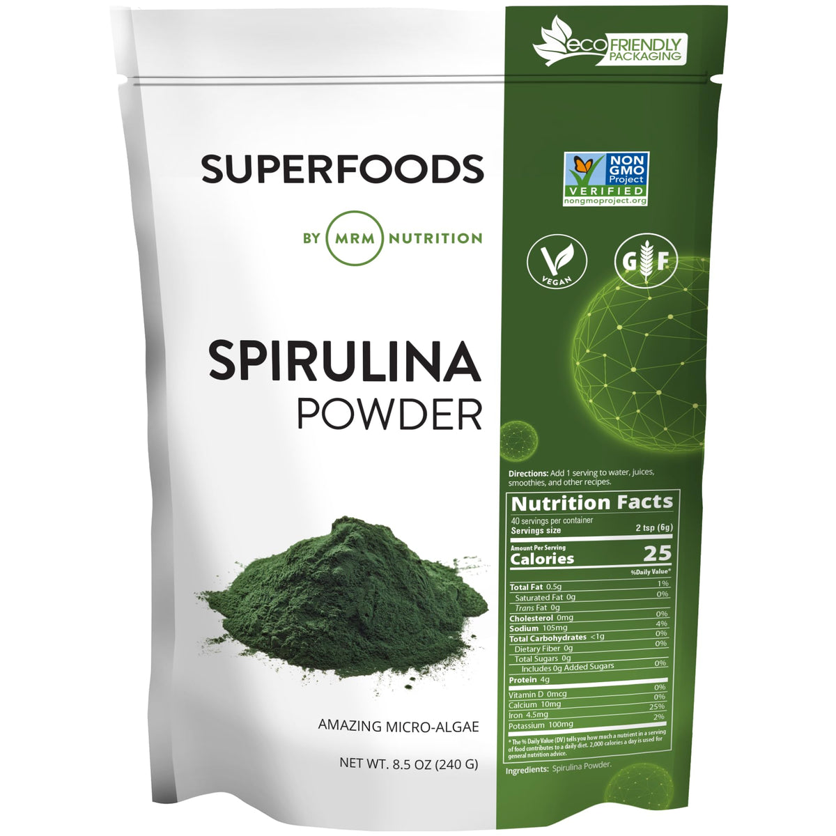MRM Spirulina en polvo en frasco abierto, ideal para enriquecer batidos y bebidas.