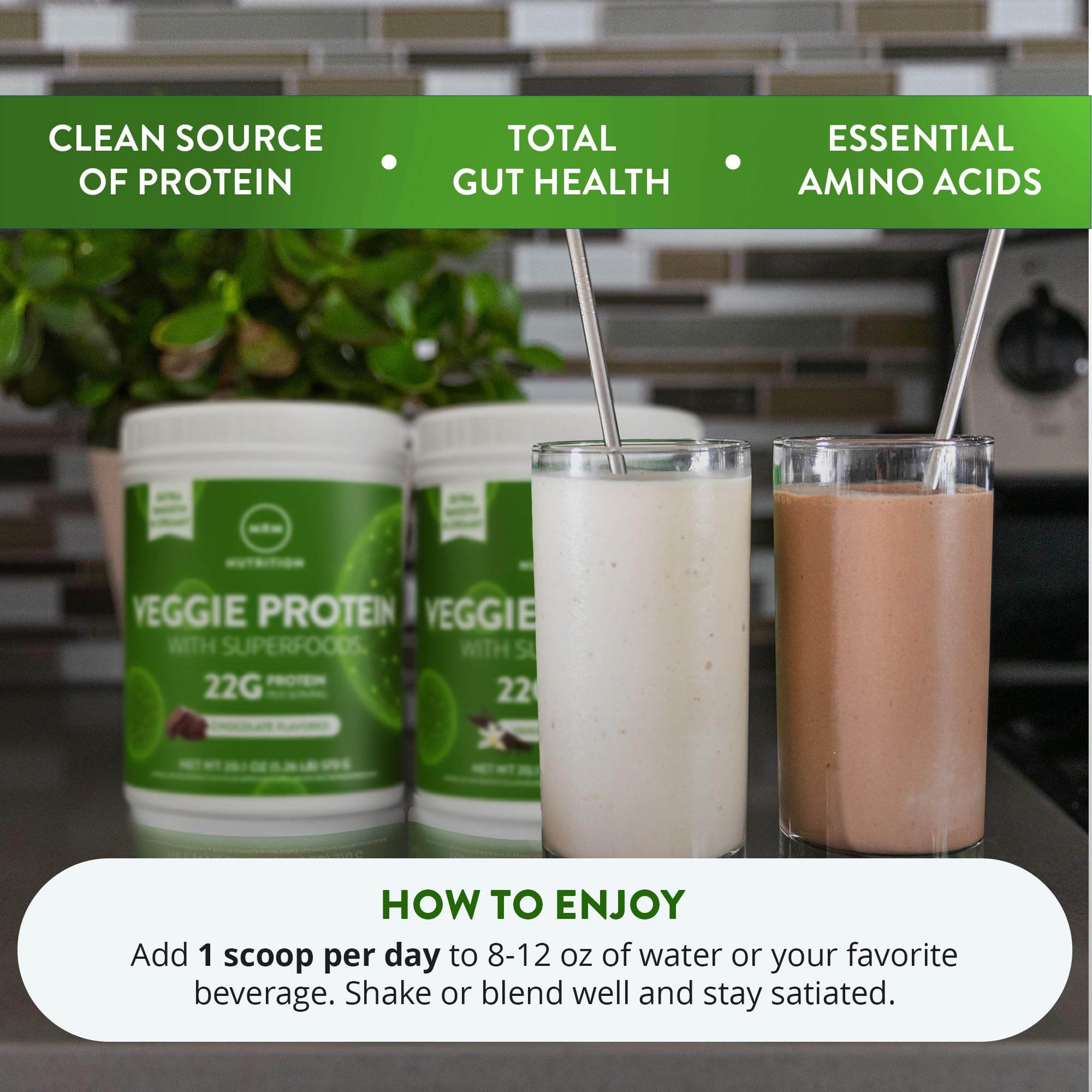 Envase de 33 porciones de MRM Veggie Protein, práctico para el hogar.