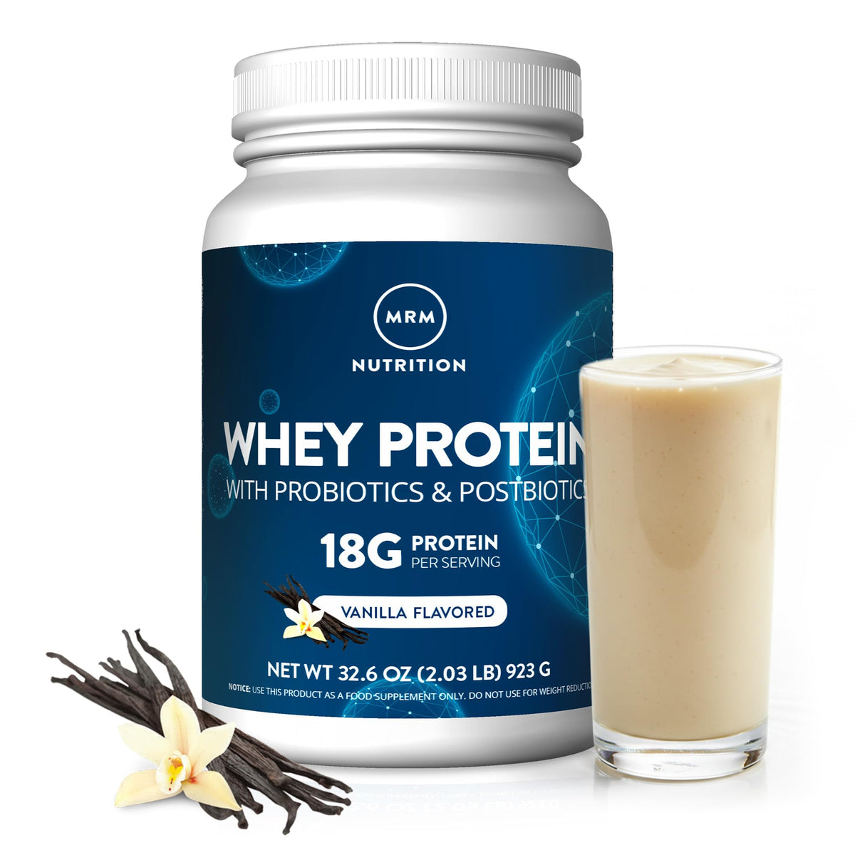 MRM Whey Protein vainilla en envase, listo para batidos tras el entrenamiento.