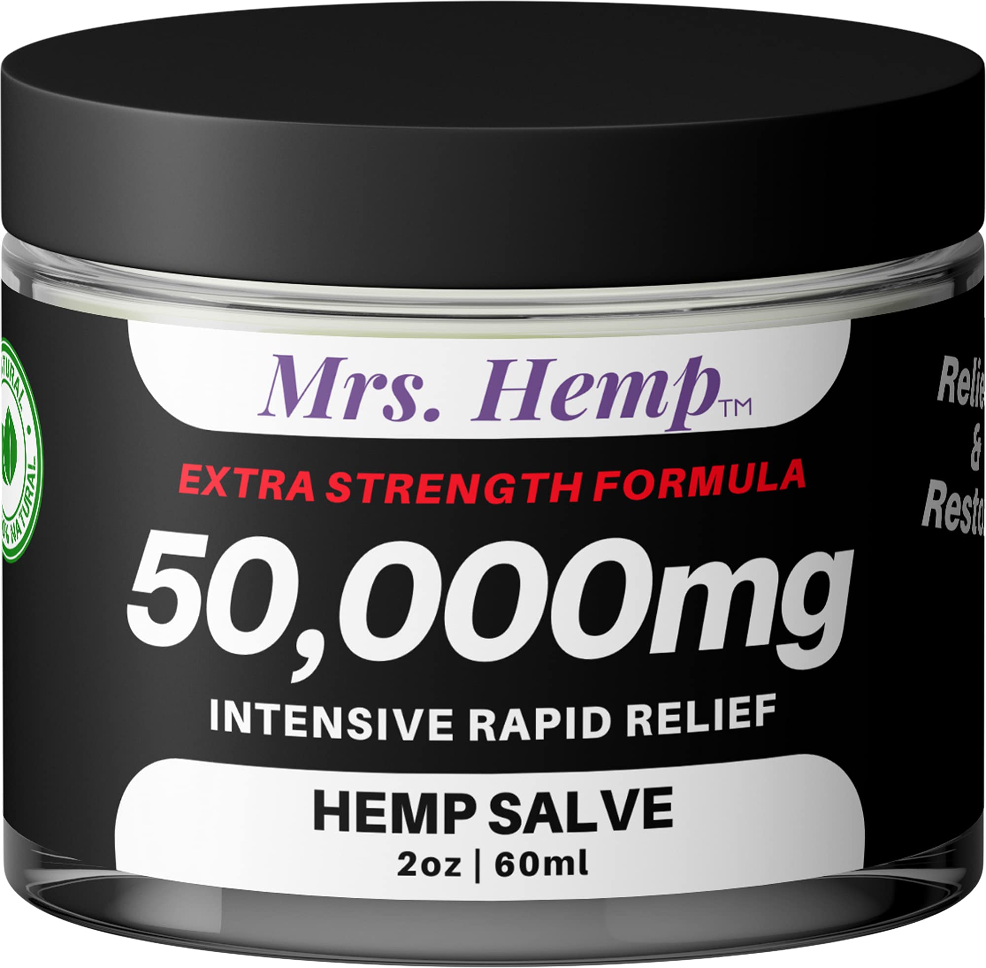 MRS. Hemp Salve 50,000 mg en frasco, aplicación versátil para la piel.