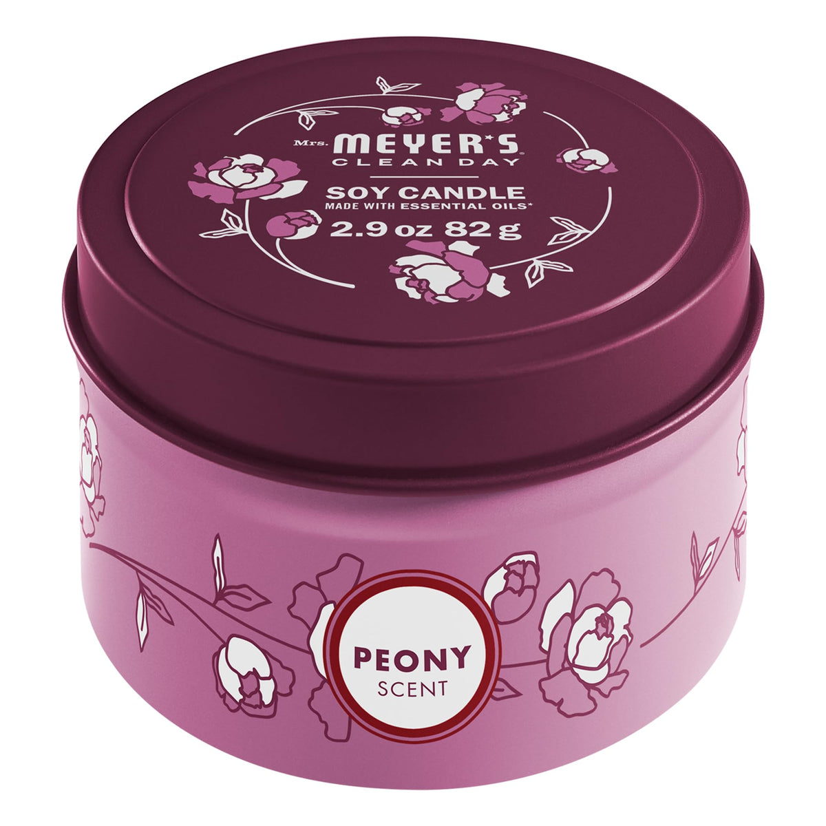 Vela de peonía de Mrs. Meyer's Clean Day en tin, aroma floral suave.