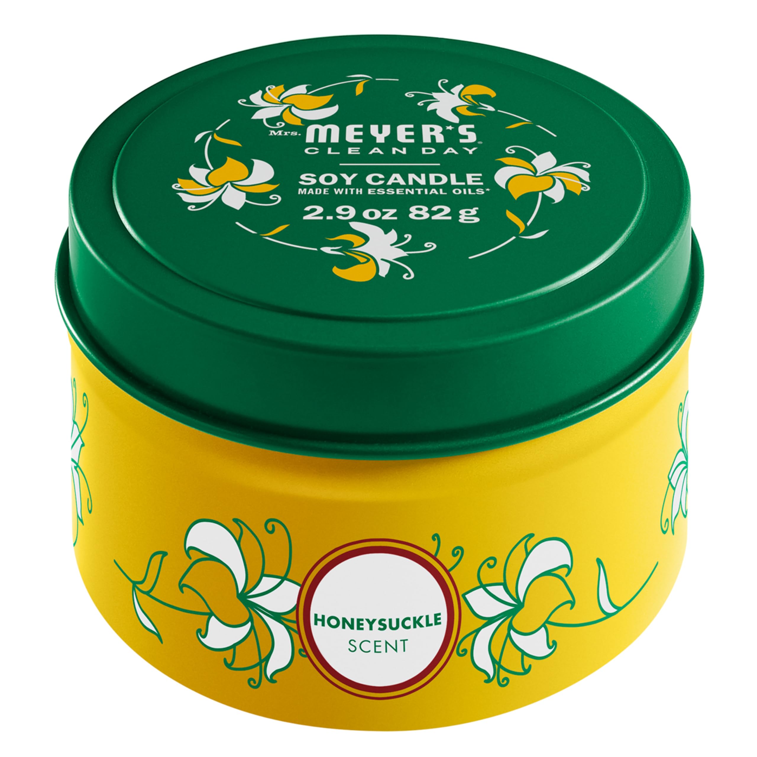 Vela de soja Mrs. Meyer's en lata, aroma madreselva, ideal para espacios.