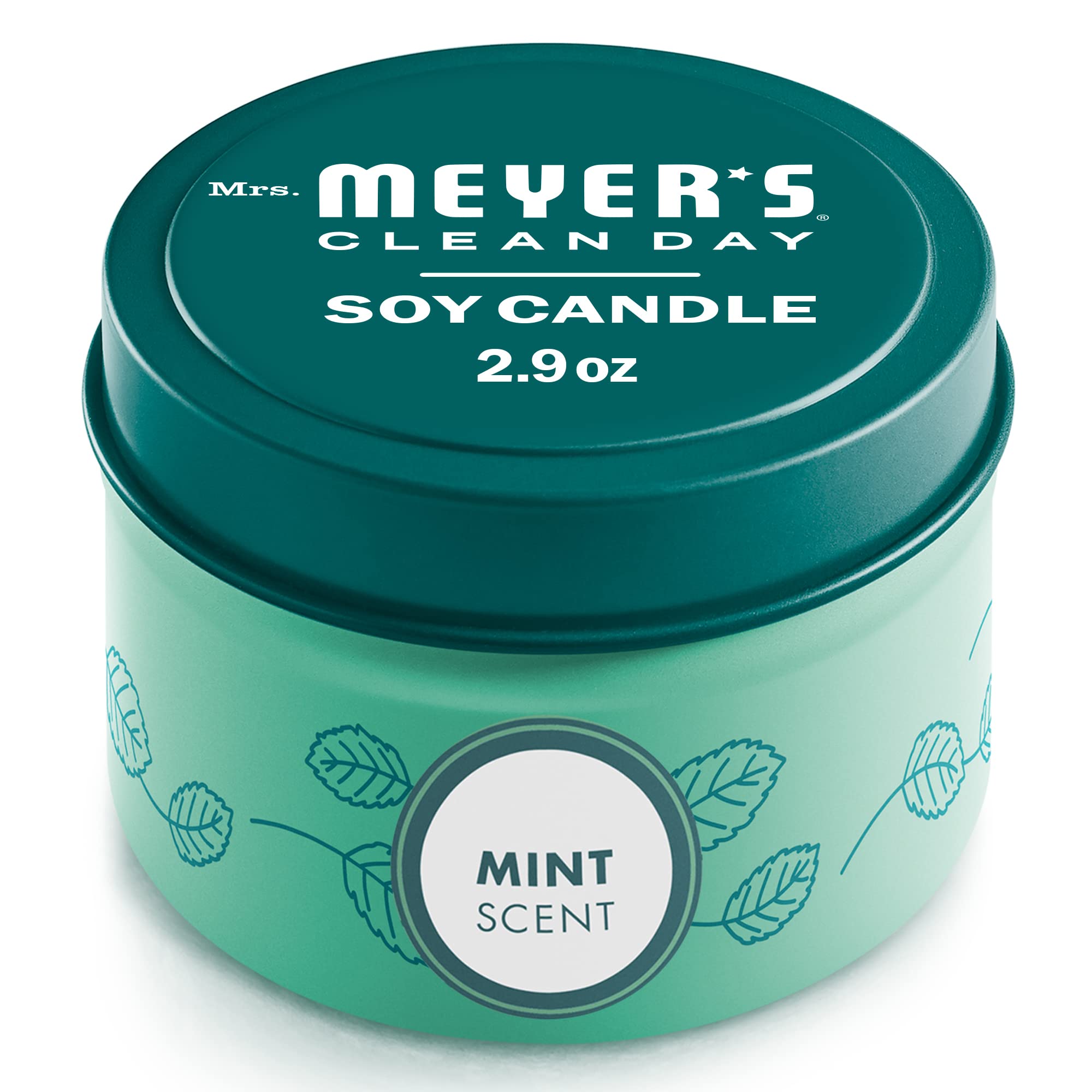 Vela de lata Mrs. Meyer's Clean Day de menta, vista cercana, aroma fresco para el hogar.