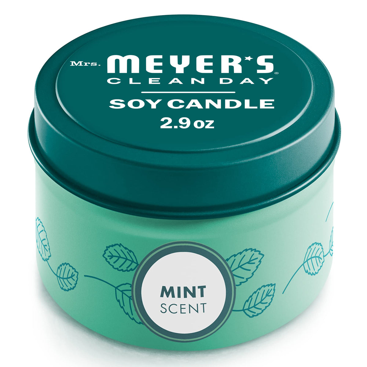 Vela de lata Mrs. Meyer's Clean Day de menta, vista cercana, aroma fresco para el hogar.