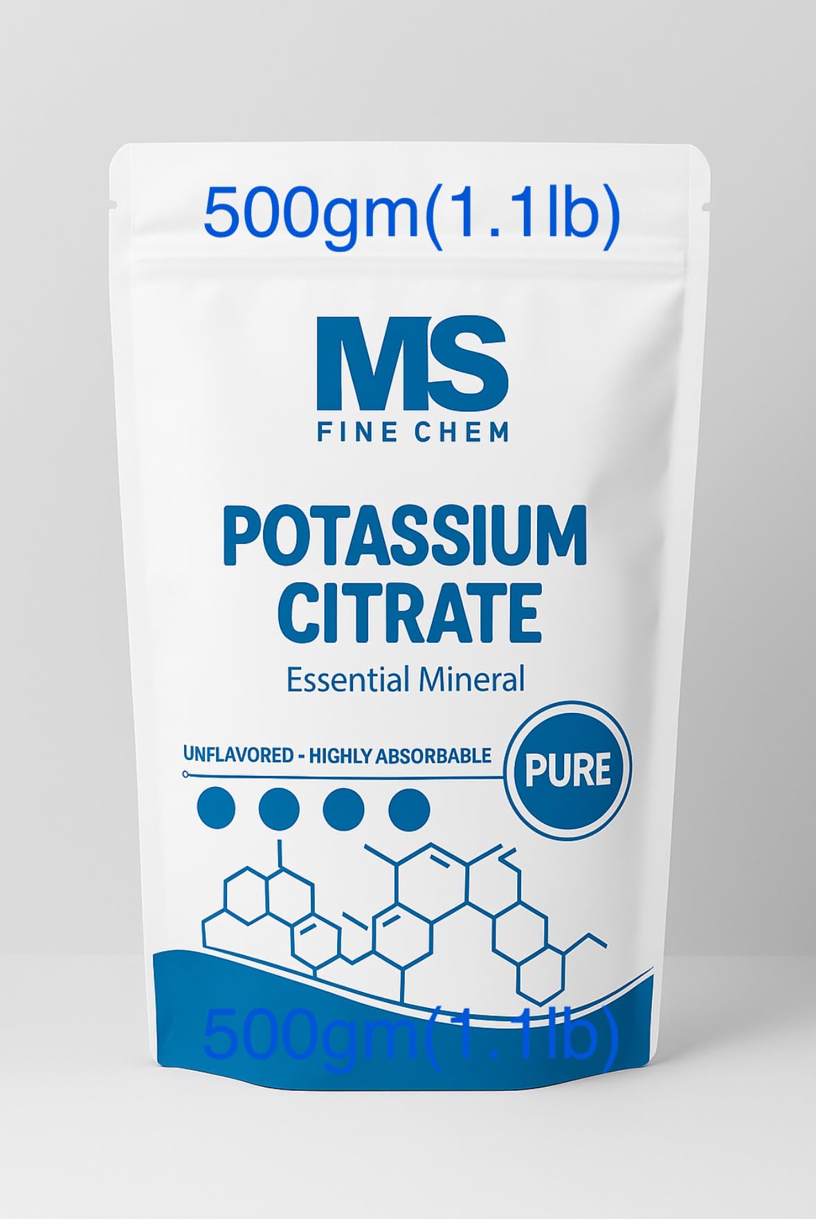 MS Finechem Citrato de Potasio en polvo en envase, ideal para hidratación diaria.