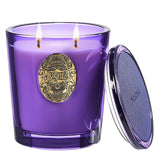 Vela M&SENSE de soja con dos mechas, primer plano, aroma duradero Lavanda Cítrica.