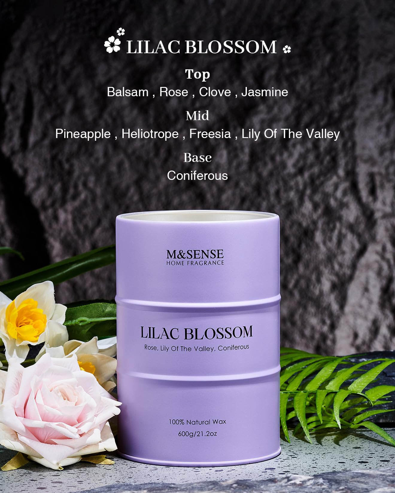 Vela encendida M&SENSE Lilac Blossom, aroma suave para ambientes serenos