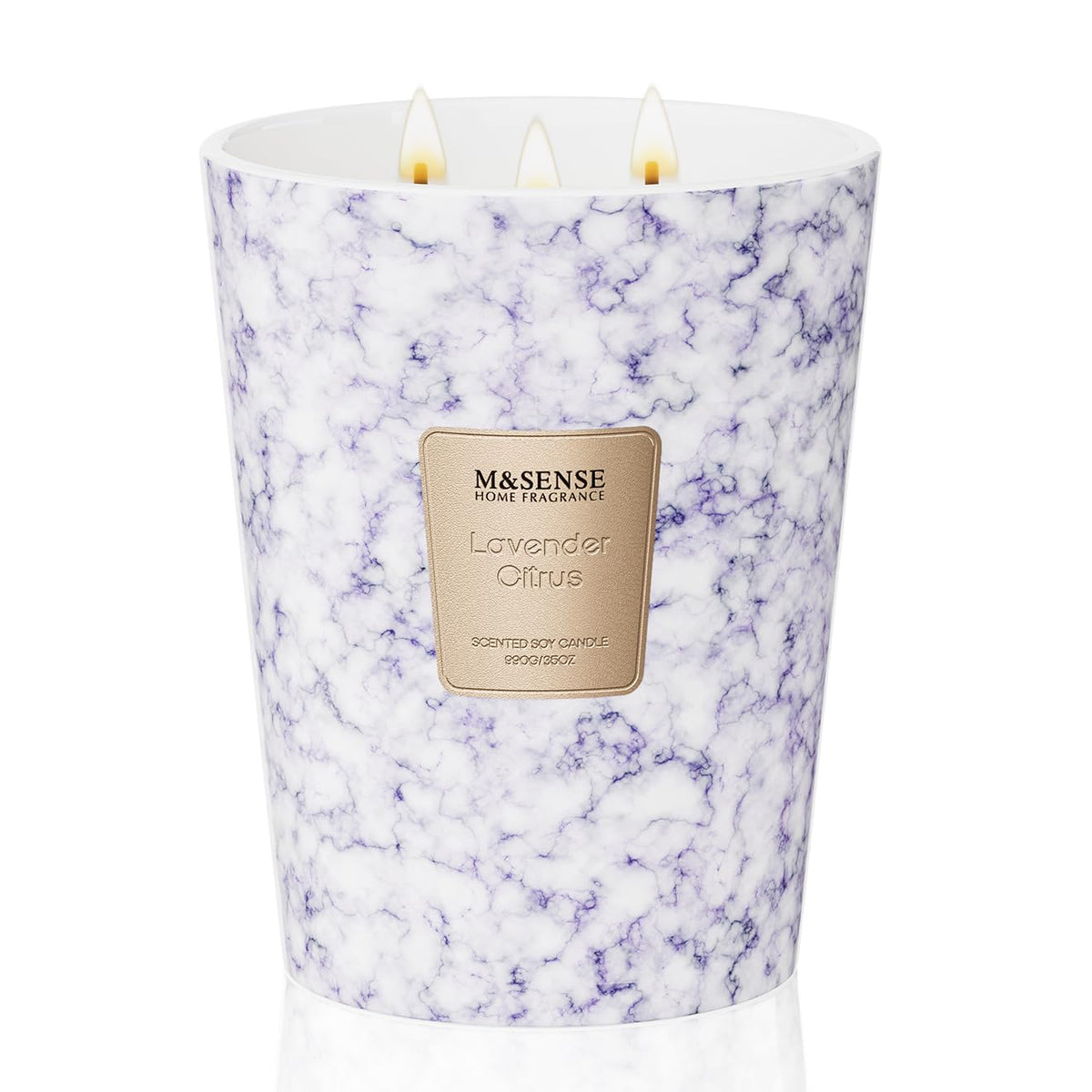 Vela msense extralarga tres-mechas, aroma relajante lavanda y cítricos.