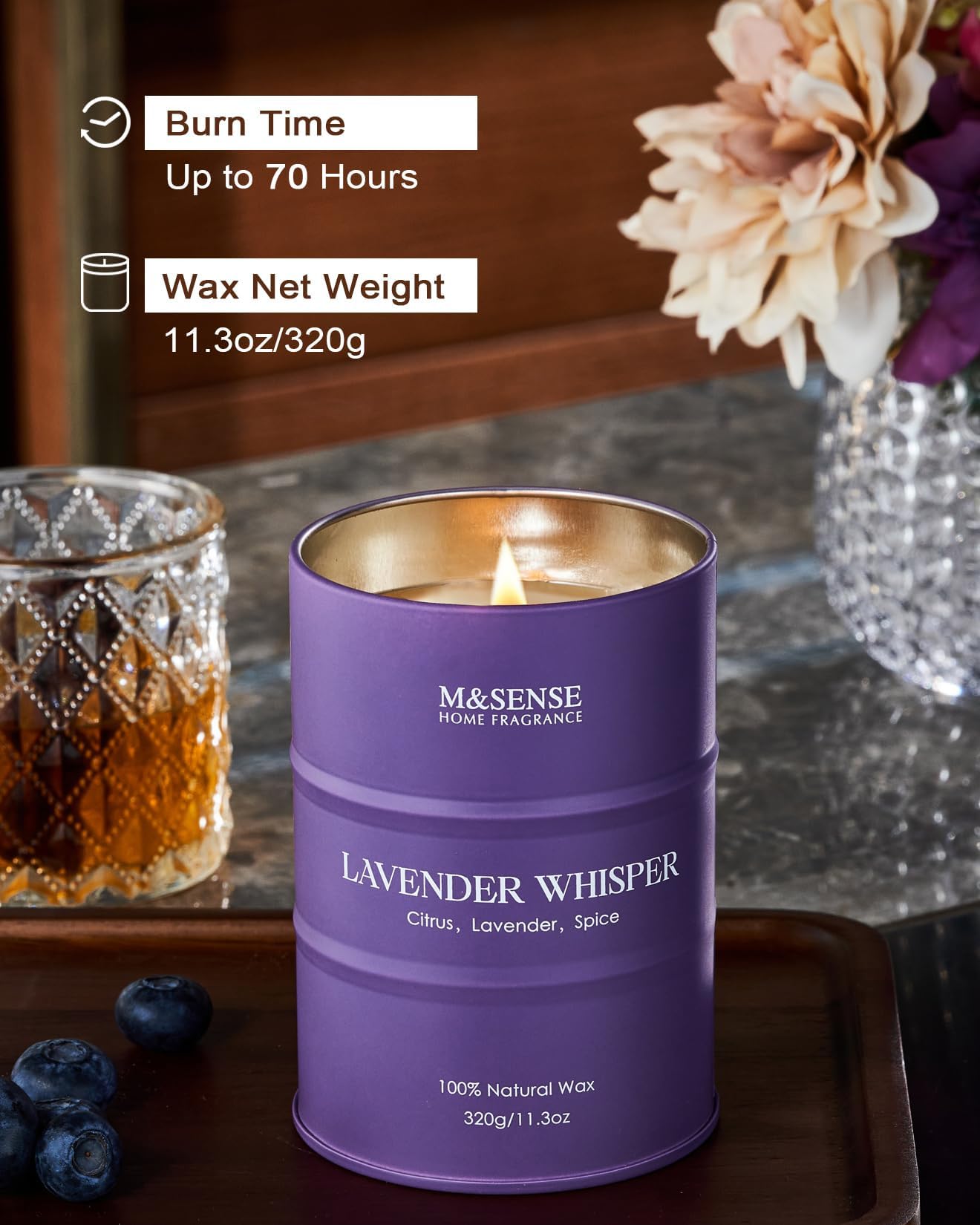 Vela M&SENSE Lavanda, duración de 60-70 horas, ideal para noches tranquilas