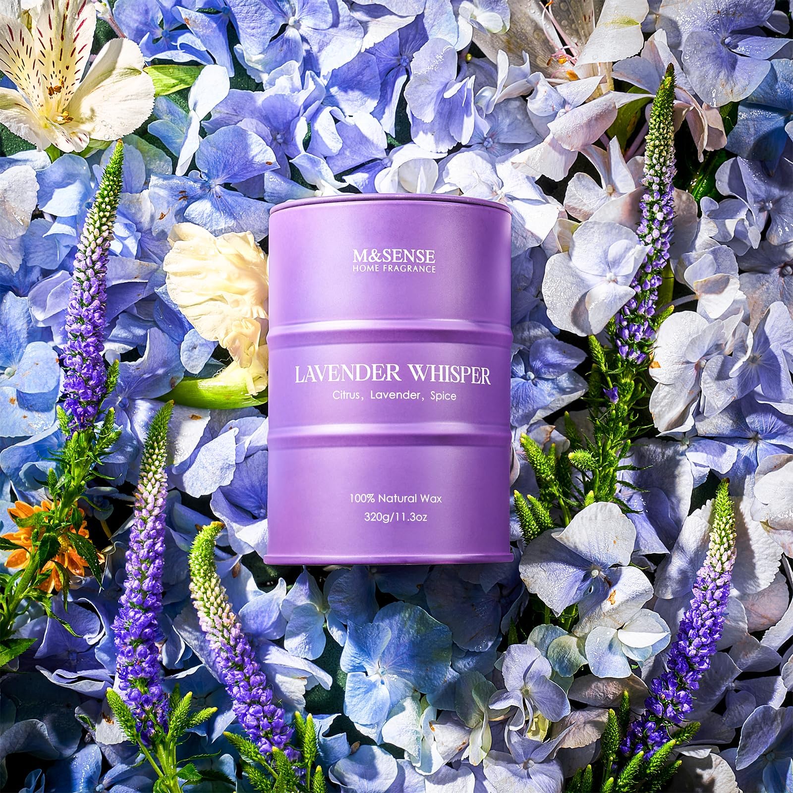 Vela M&SENSE Lavanda, primer plano, crea un ambiente calmante para descansar