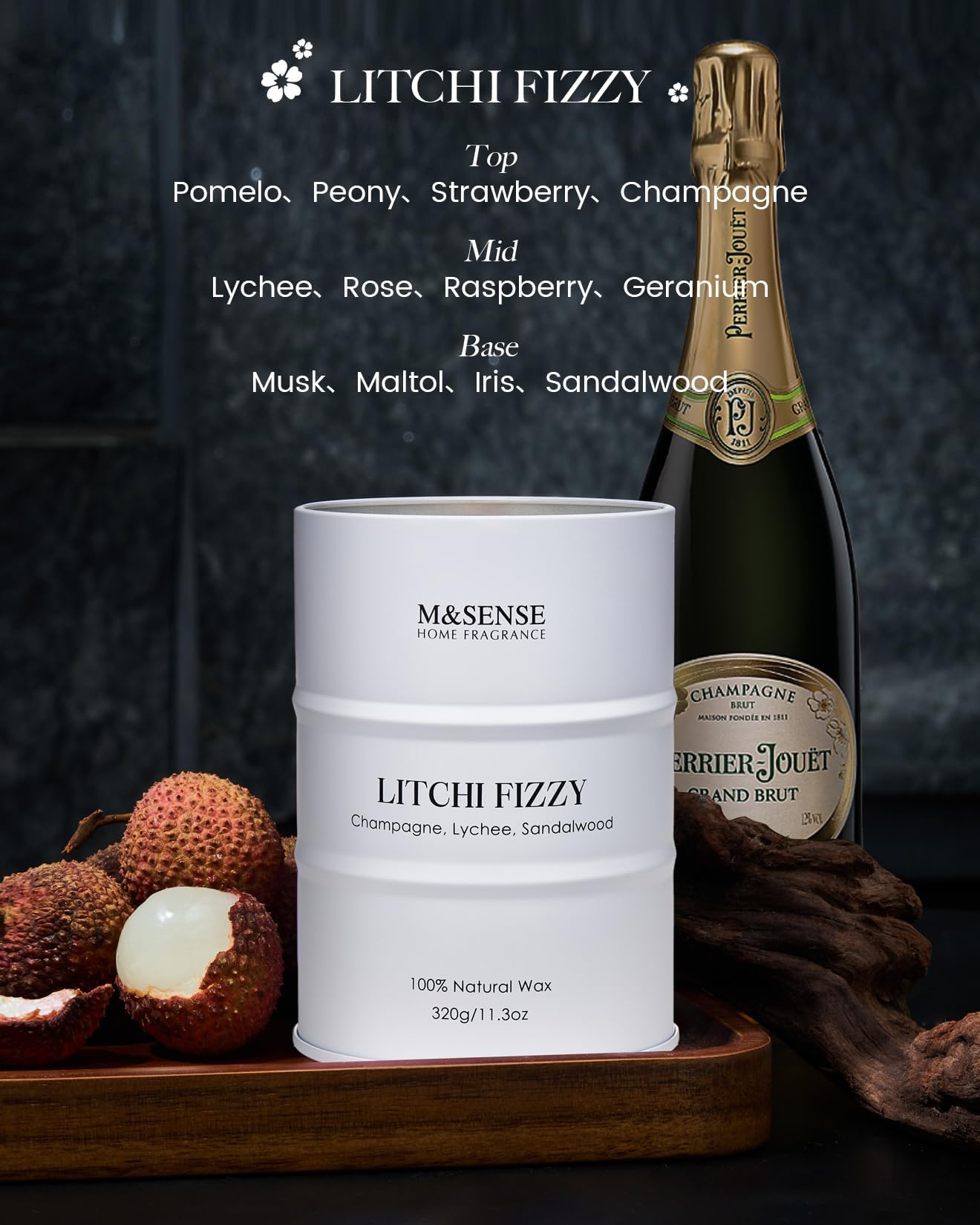 Vela M&SENSE Litchi Fizzy encendida, ideal para crear ambiente cálido.