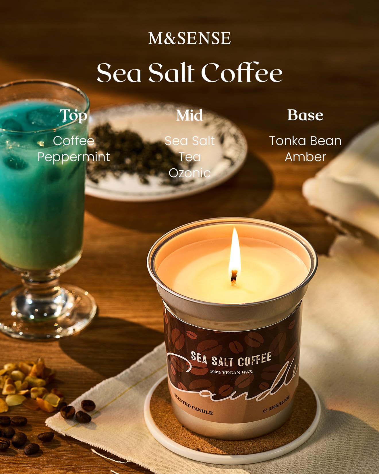 Vela M&SENSE con arte de café para crear un rincón de concentración.