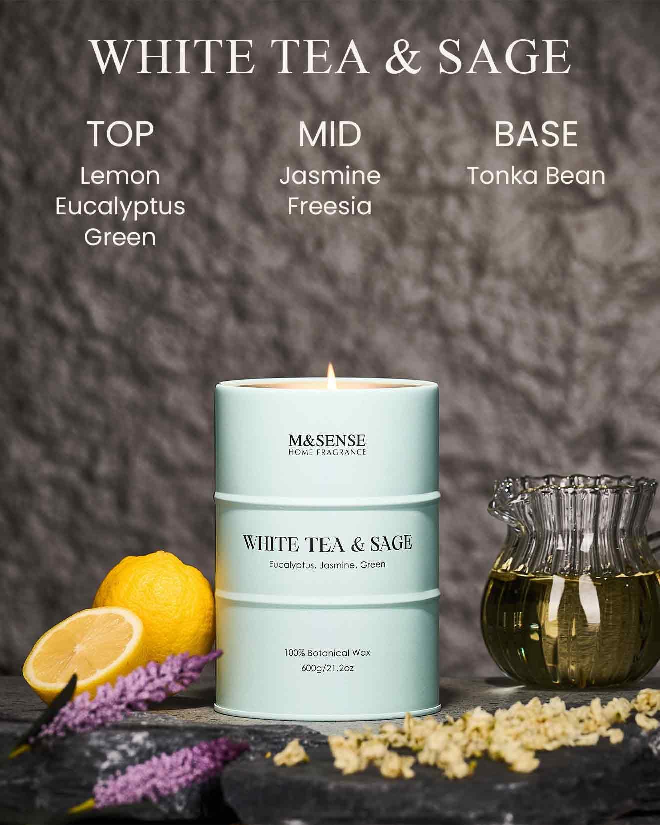 Vela M&SENSE Te blanco y salvia, cera de soja natural.