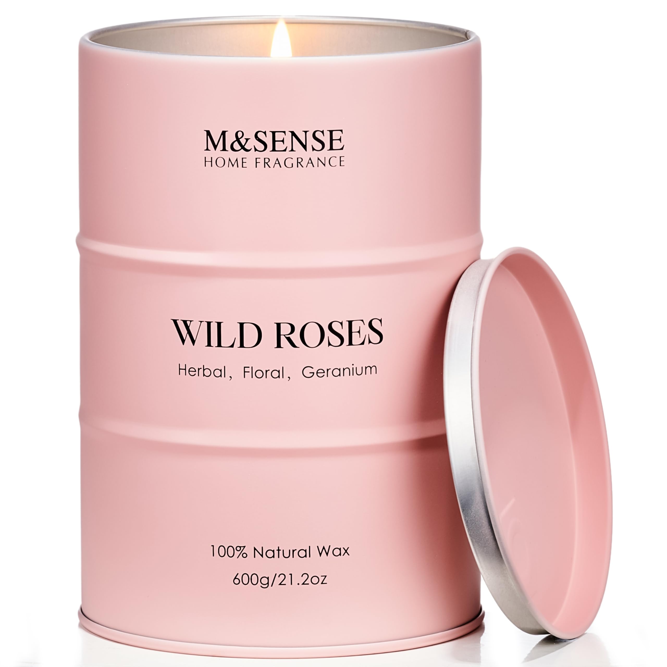 Vela M&SENSE Wild Rose en lata, aroma floral intenso para ambientar la sala.