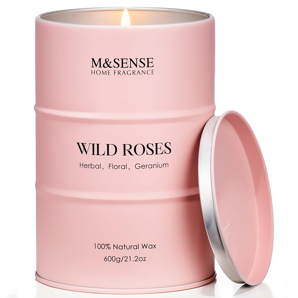 Vela M&SENSE Wild Rose en lata, aroma floral intenso para ambientar la sala.