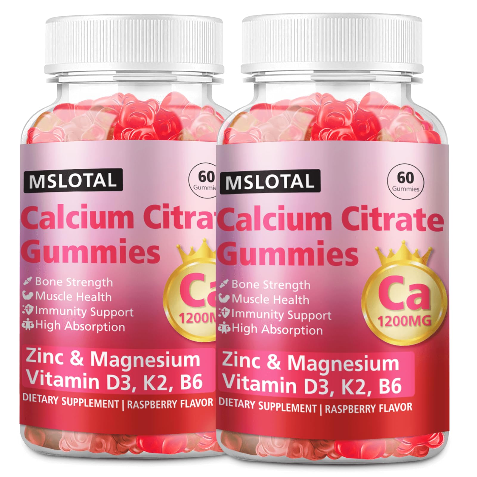 MSLOTAL gomitas calcio citrato 1200 mg con sabor a frambuesa para apoyar la salud ósea diaria
