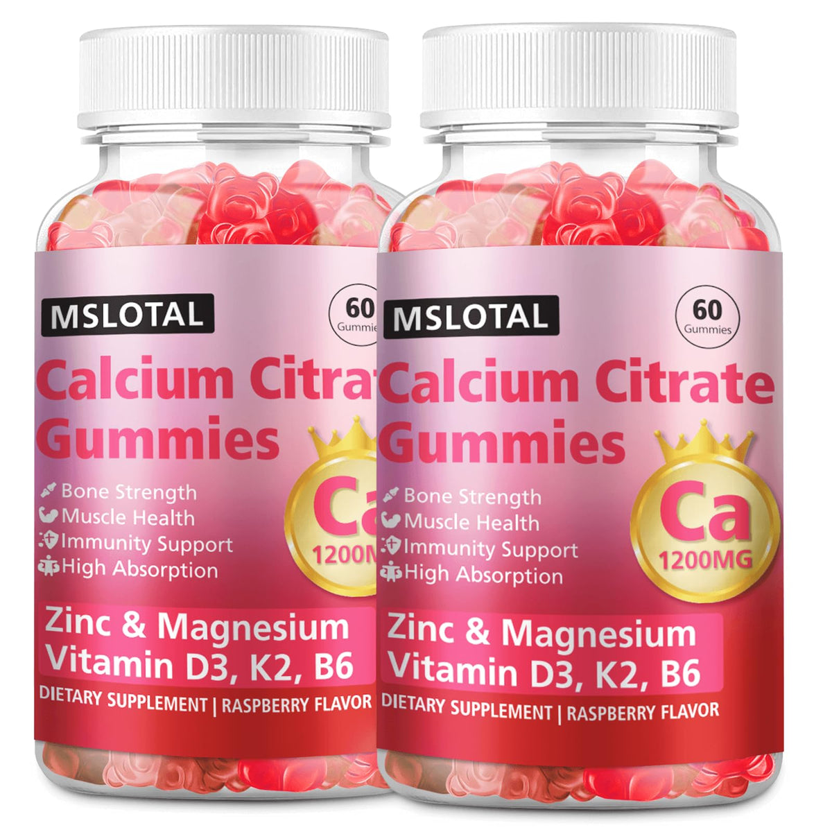 MSLOTAL gomitas calcio citrato 1200 mg con sabor a frambuesa para apoyar la salud ósea diaria