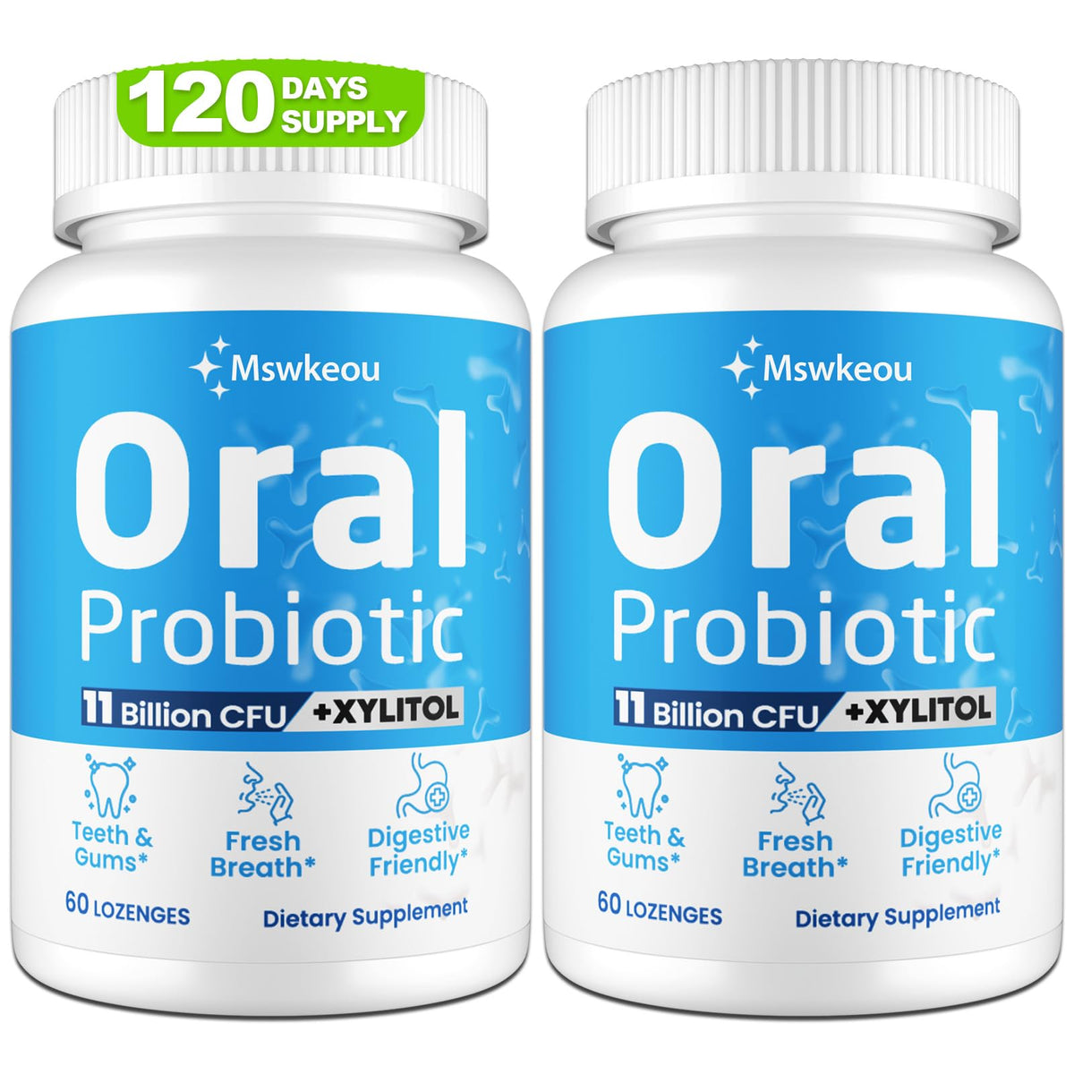 Mswkeou probióticos orales en frasco para aliento más fresco.