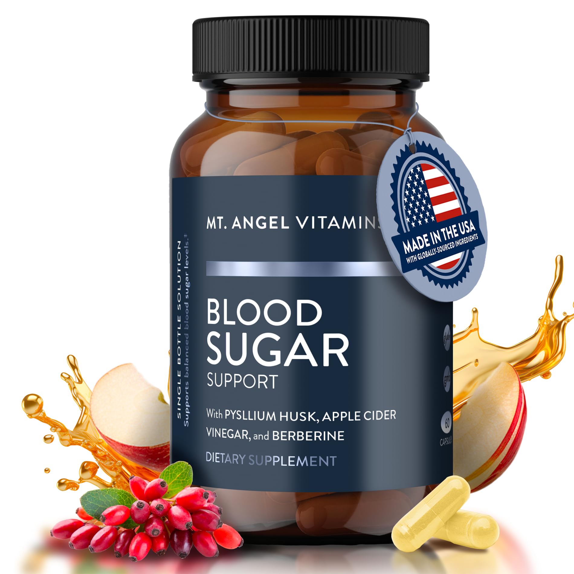 Mt. Angel Vitamins: cápsulas visibles en frasco para apoyo diario de la glucosa en sangre