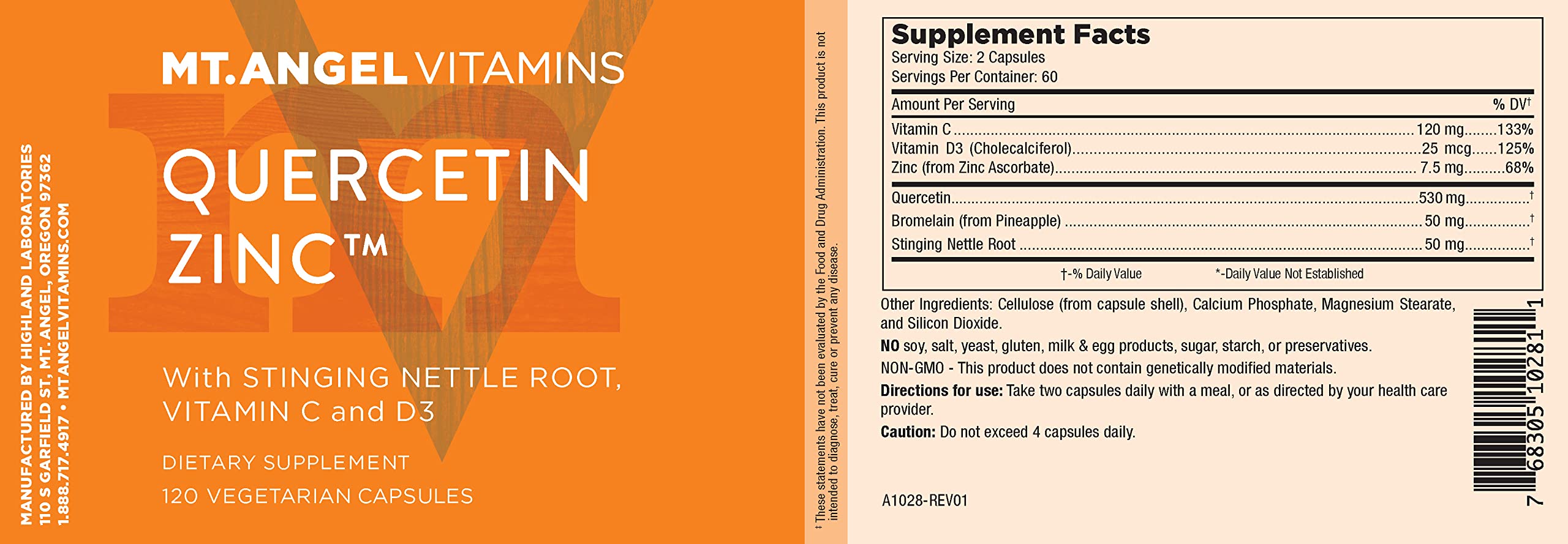 Mt. Angel Vitamins etiqueta clara con quercetina zinc y bromelina para uso diario
