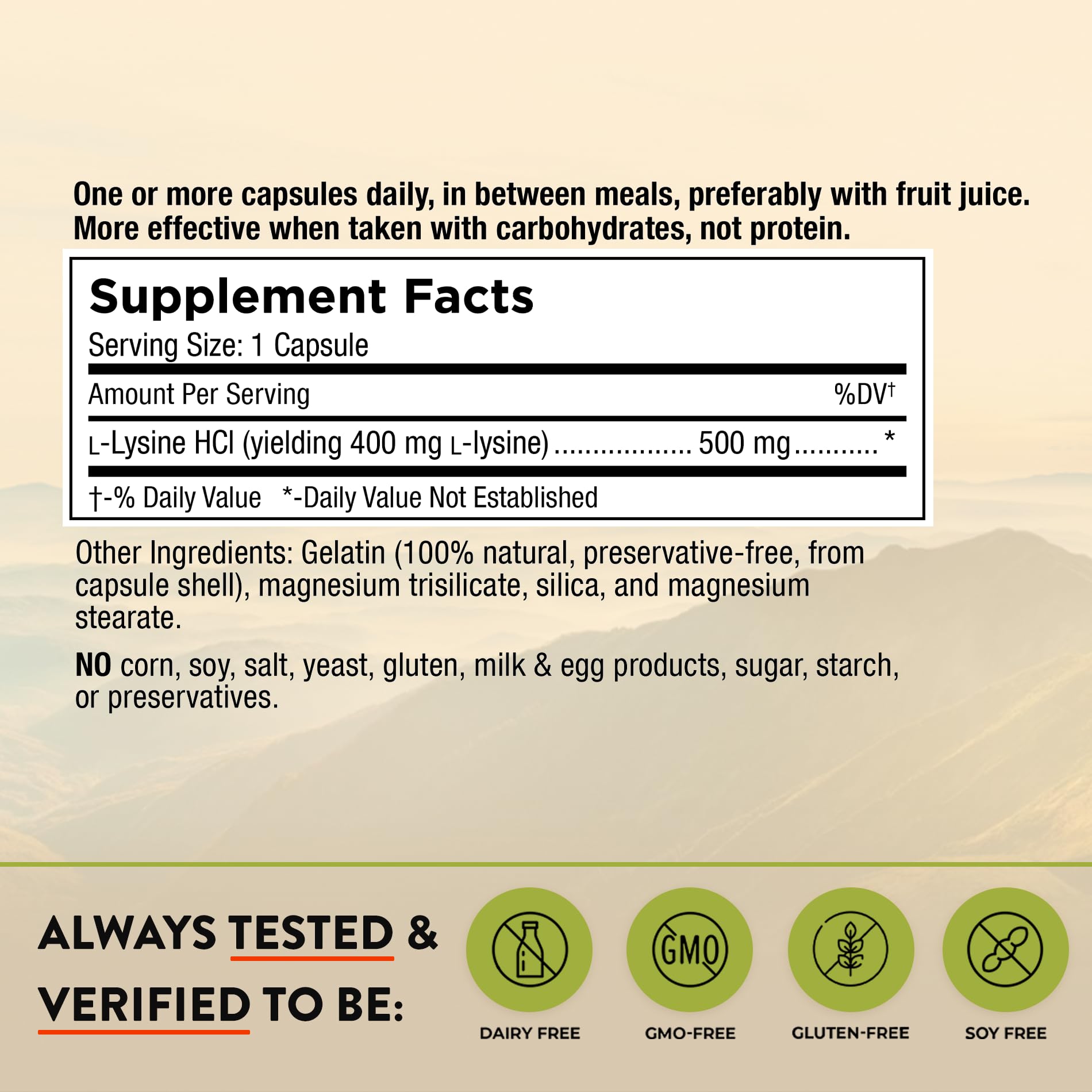 Mt. Angel Vitamins lisina 500 mg para cuidado de piel y labios.