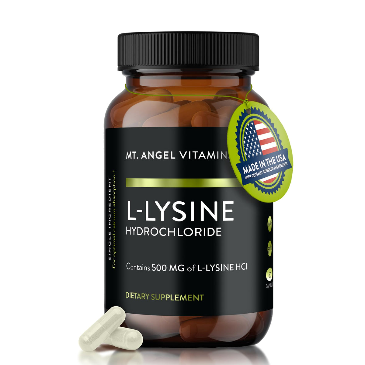 Mt. Angel Vitamins lisina 500 mg cápsulas para soporte general de salud.