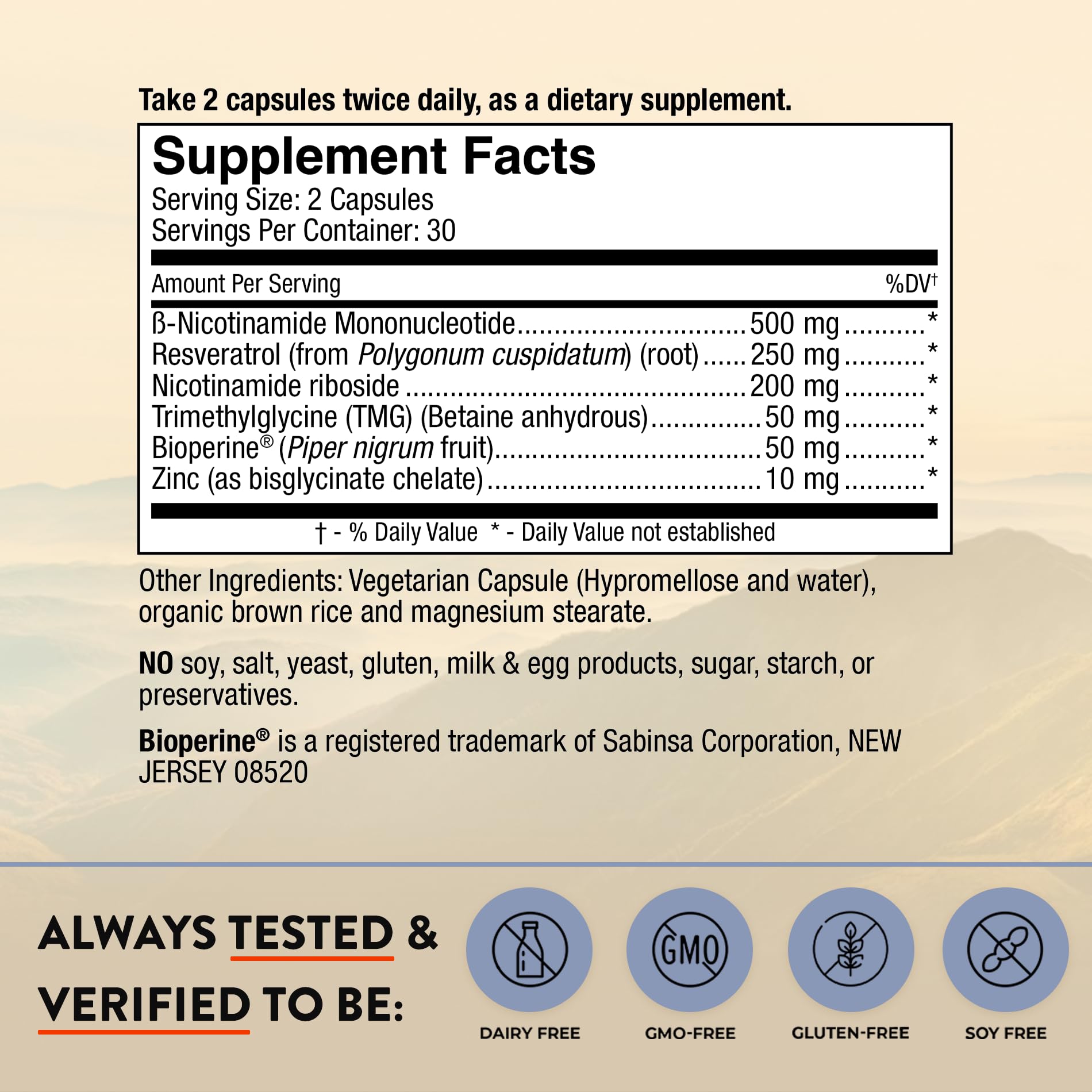 Etiqueta del Mt. Angel Vitamins NMN NR mostrando información clave.