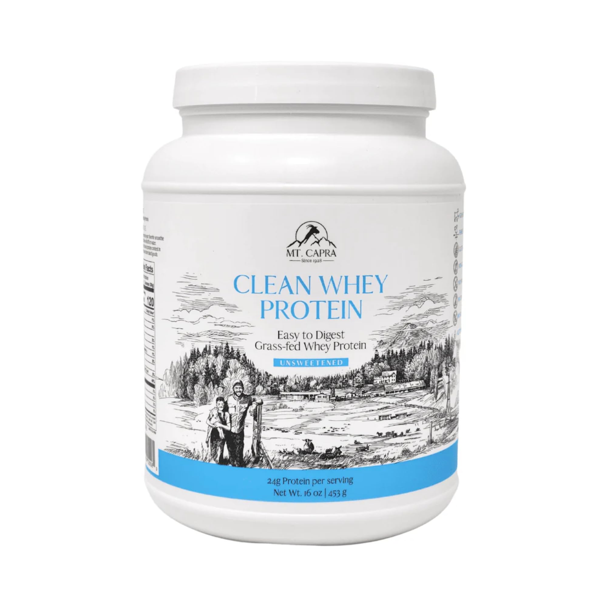 Mt Capra Clean Whey envase de 16 oz para batidos proteicos rápidos