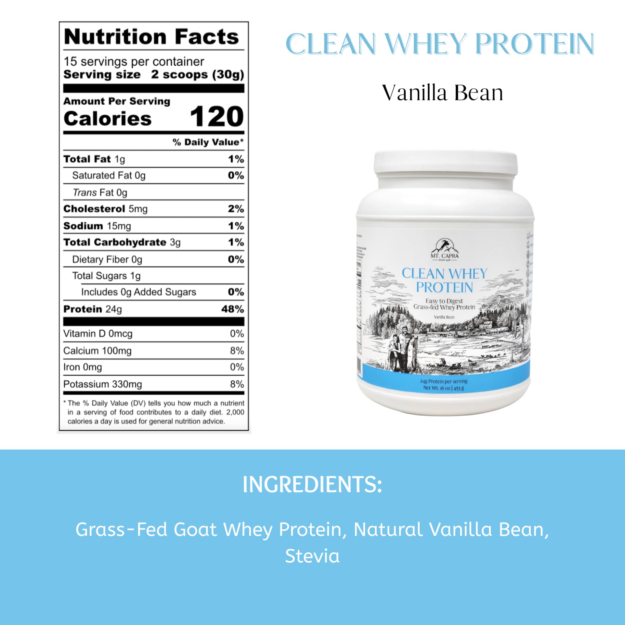 Mt. Capra Clean Whey Protein, batido de vainilla, sabor suave para smoothies.