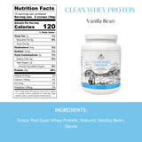 Mt. Capra Clean Whey Protein, batido de vainilla, sabor suave para smoothies.