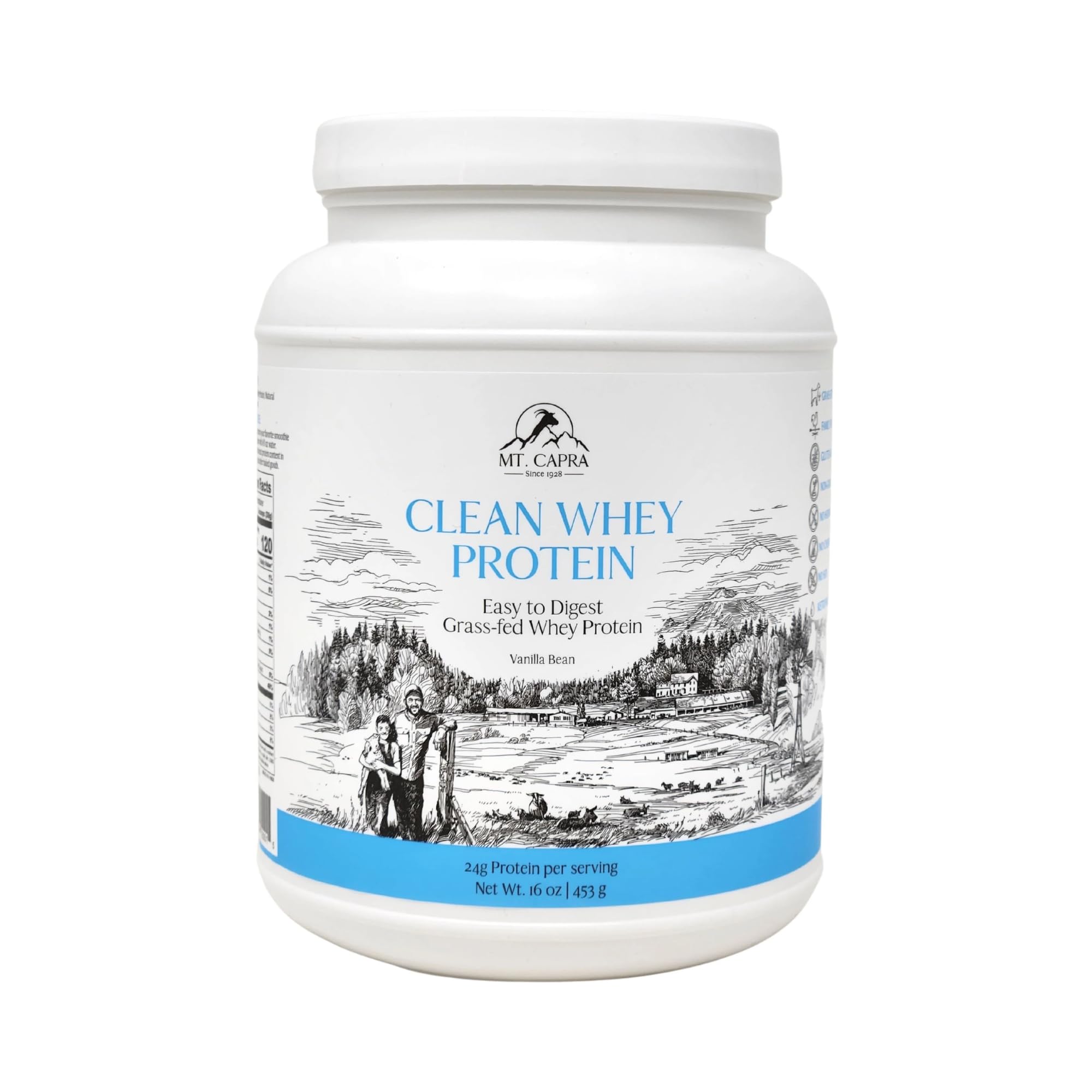 Mt. Capra Clean Whey Protein, bote derramando, alto en BCAA para rendimiento.