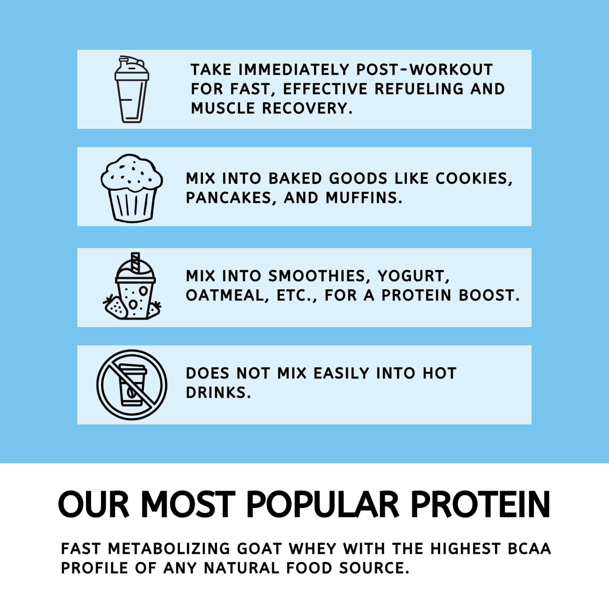 Mt. Capra Clean Whey Protein, polvo de vainilla, mezcla rápida en bebidas.