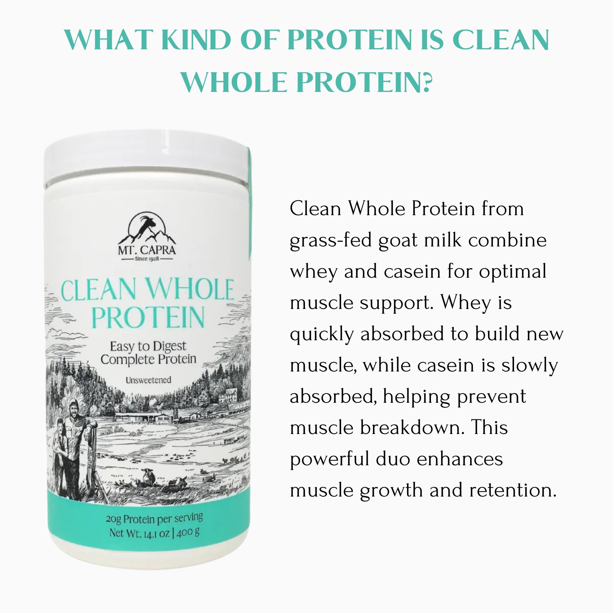 Tabla nutricional de Mt. Capra con 20 g de proteína por porción.