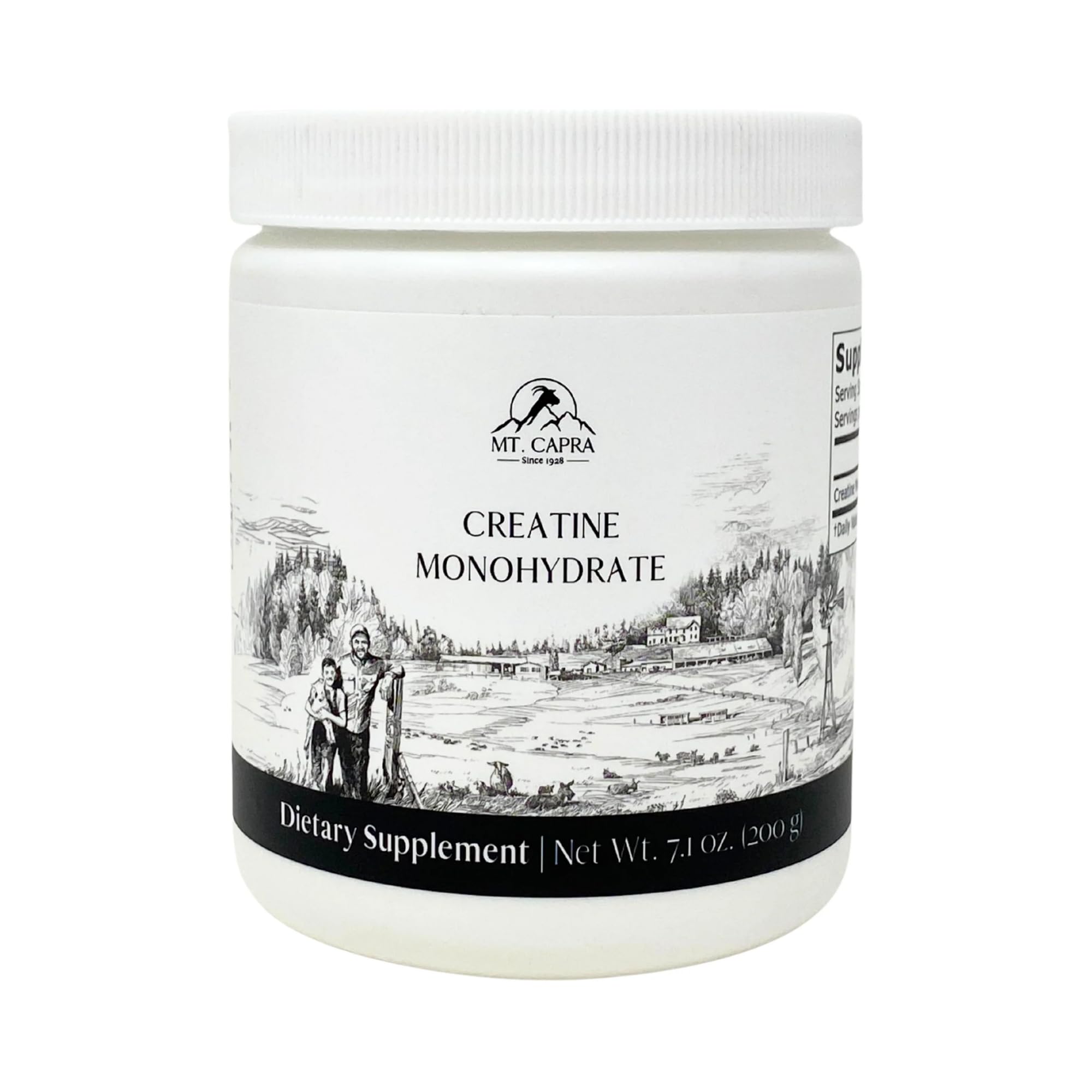 Mt. Capra Creatine con cuchara para mezclar, ideal para energía durante entrenamientos.