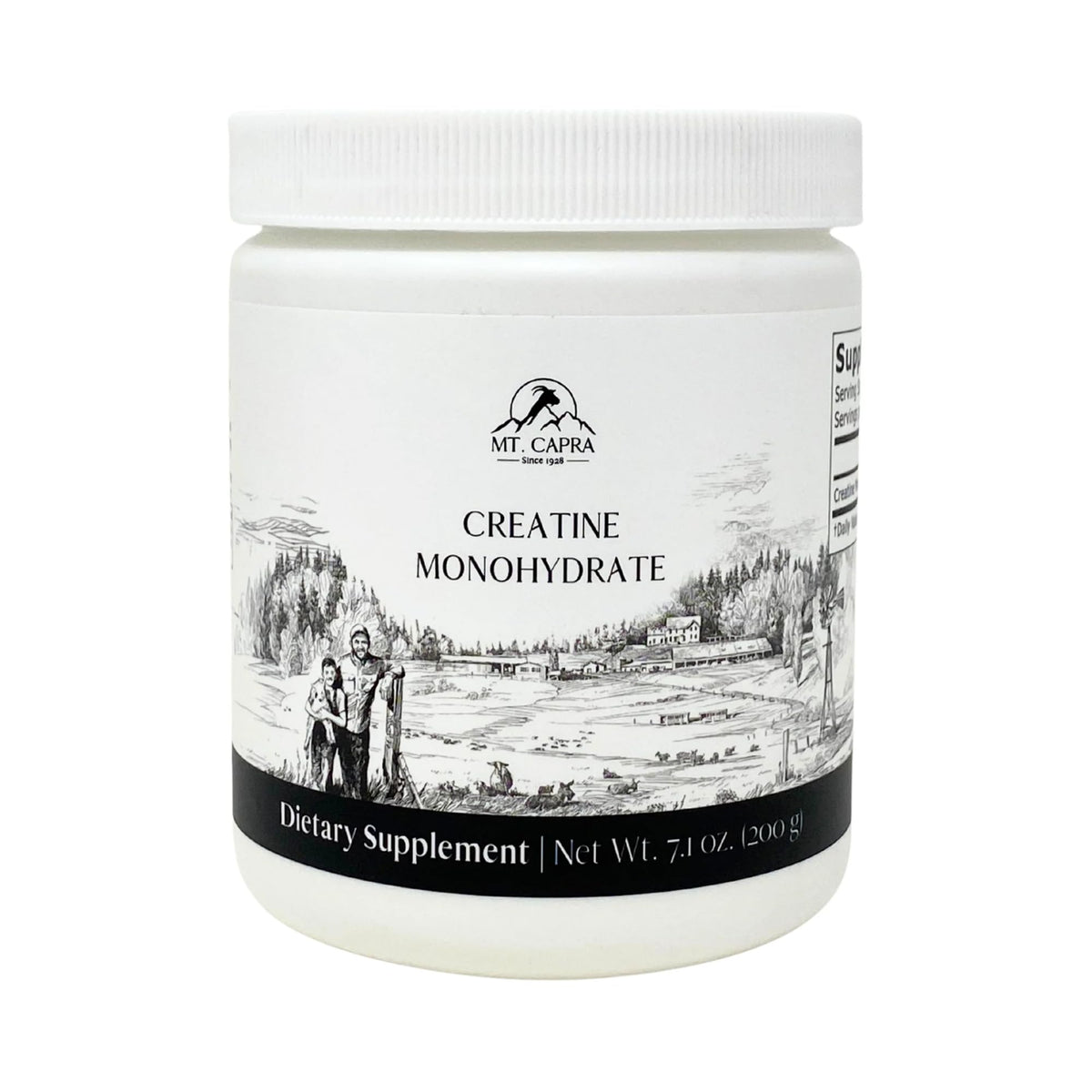 Mt. Capra Creatine con cuchara para mezclar, ideal para energía durante entrenamientos.