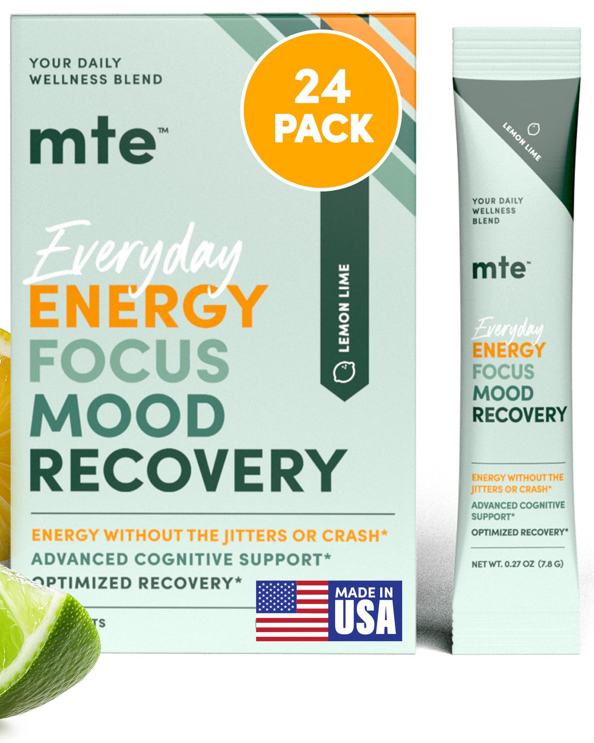MTE polvo energizante sin cafeína en envase, listo para mezclar.