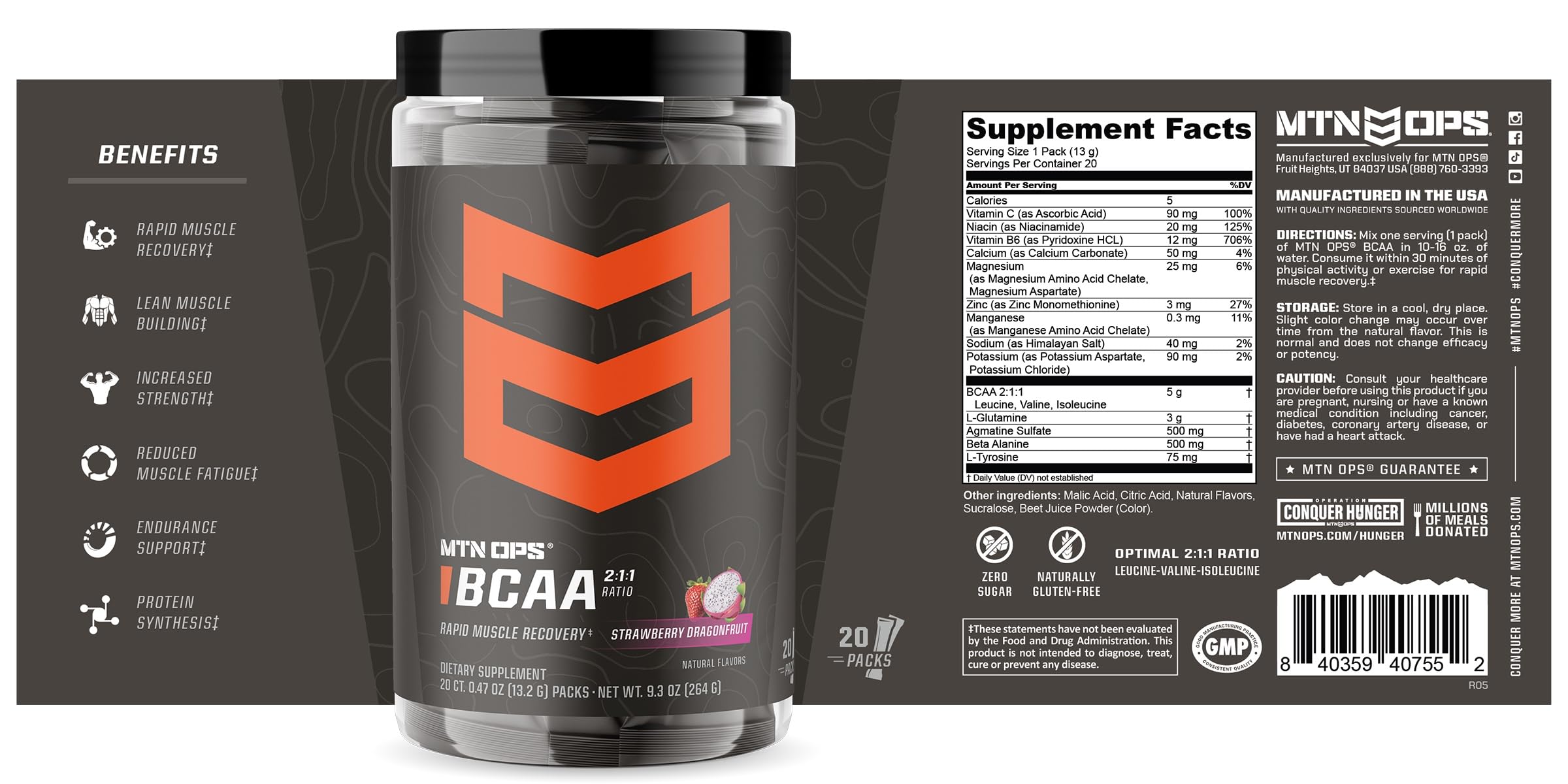 MTN OPS BCAA sin azúcar ni gluten, opción limpia.