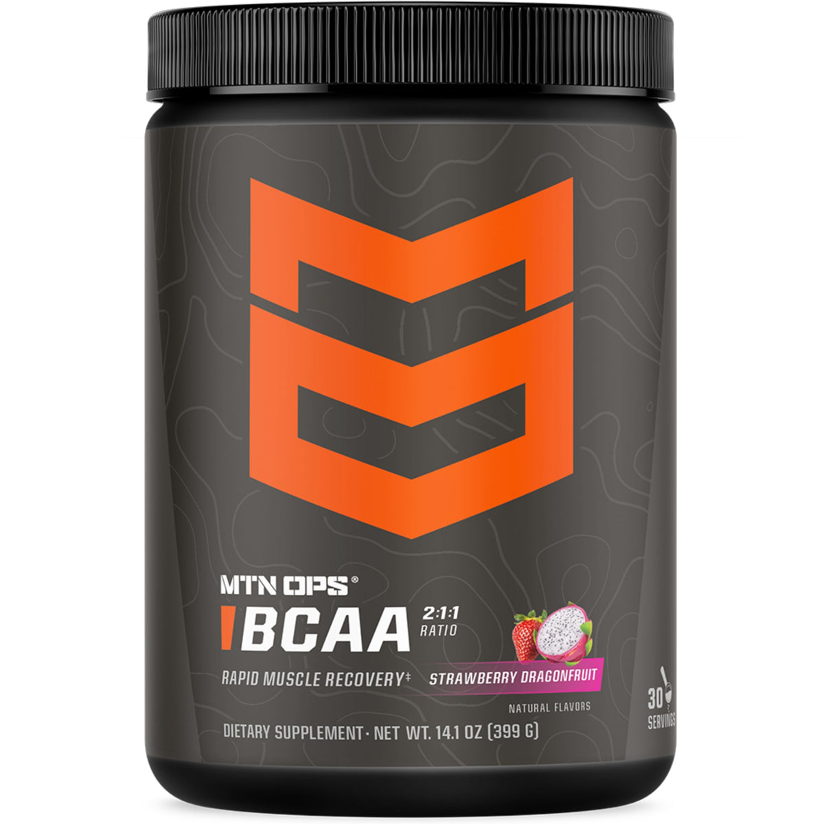 MTN OPS BCAA en frasco con sabor Fruta Dragón para recuperación muscular.