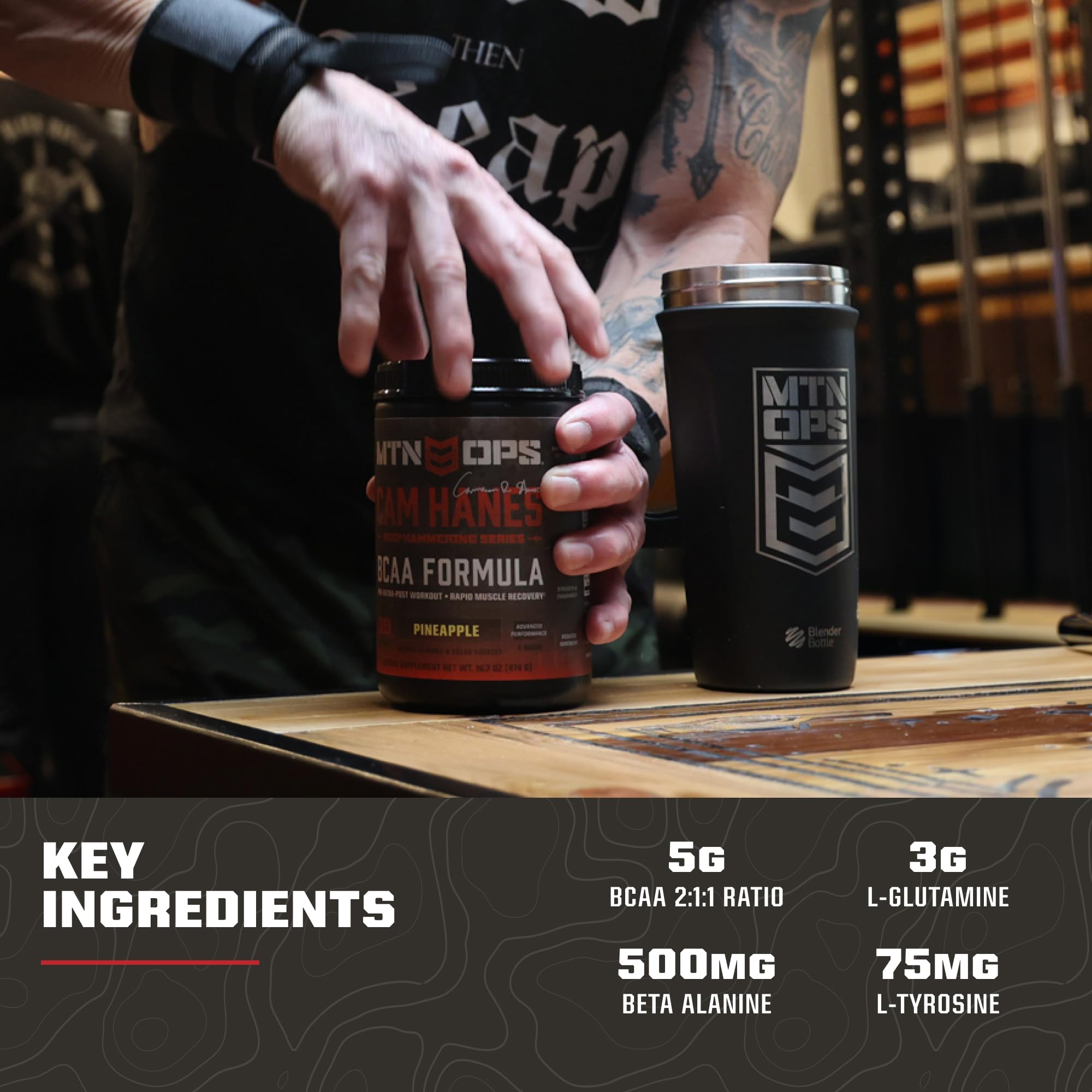 MTN OPS BCAA Ingredientes clave con electrolitos para hidratación.