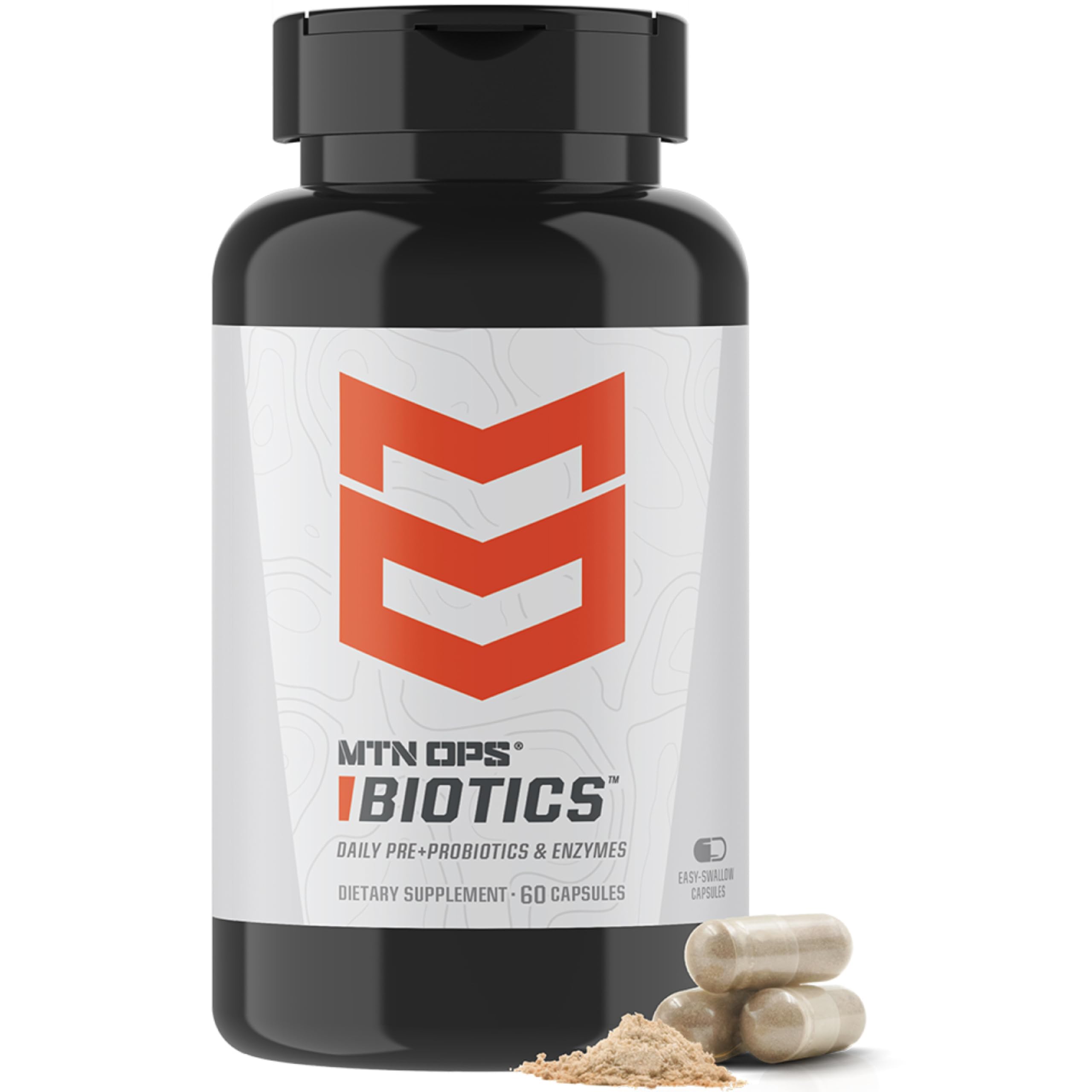 MTN OPS Biotics, botella volcada, apoyo diario para la salud digestiva.