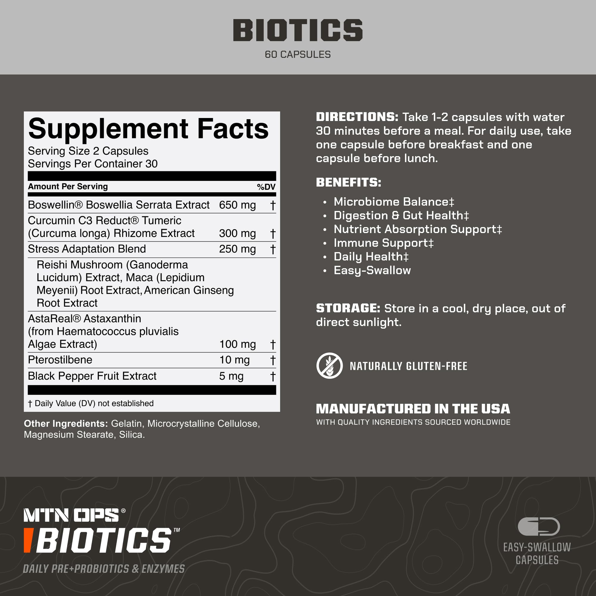 MTN OPS Biotics, cápsulas diarias, beneficios para la digestión y energía.